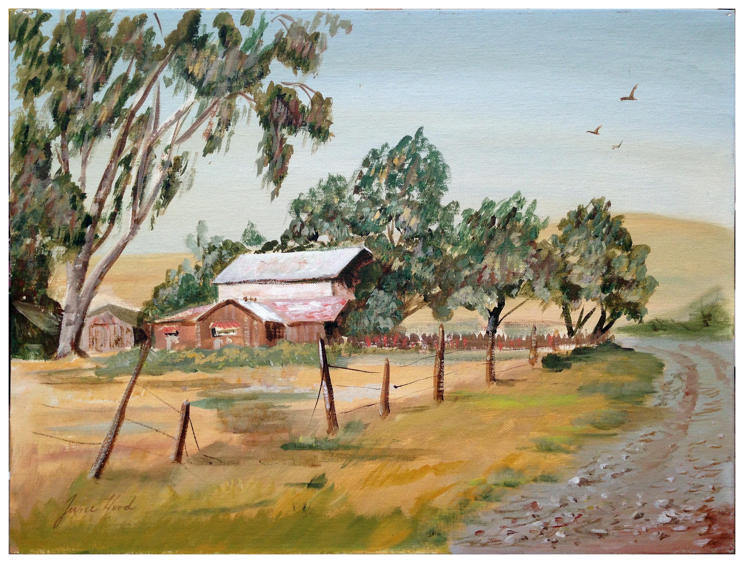 June Hood  Landscape Painting – Bauernlandschaft aus der Bay Area, ""Livermore Ranch"" von June Hood
