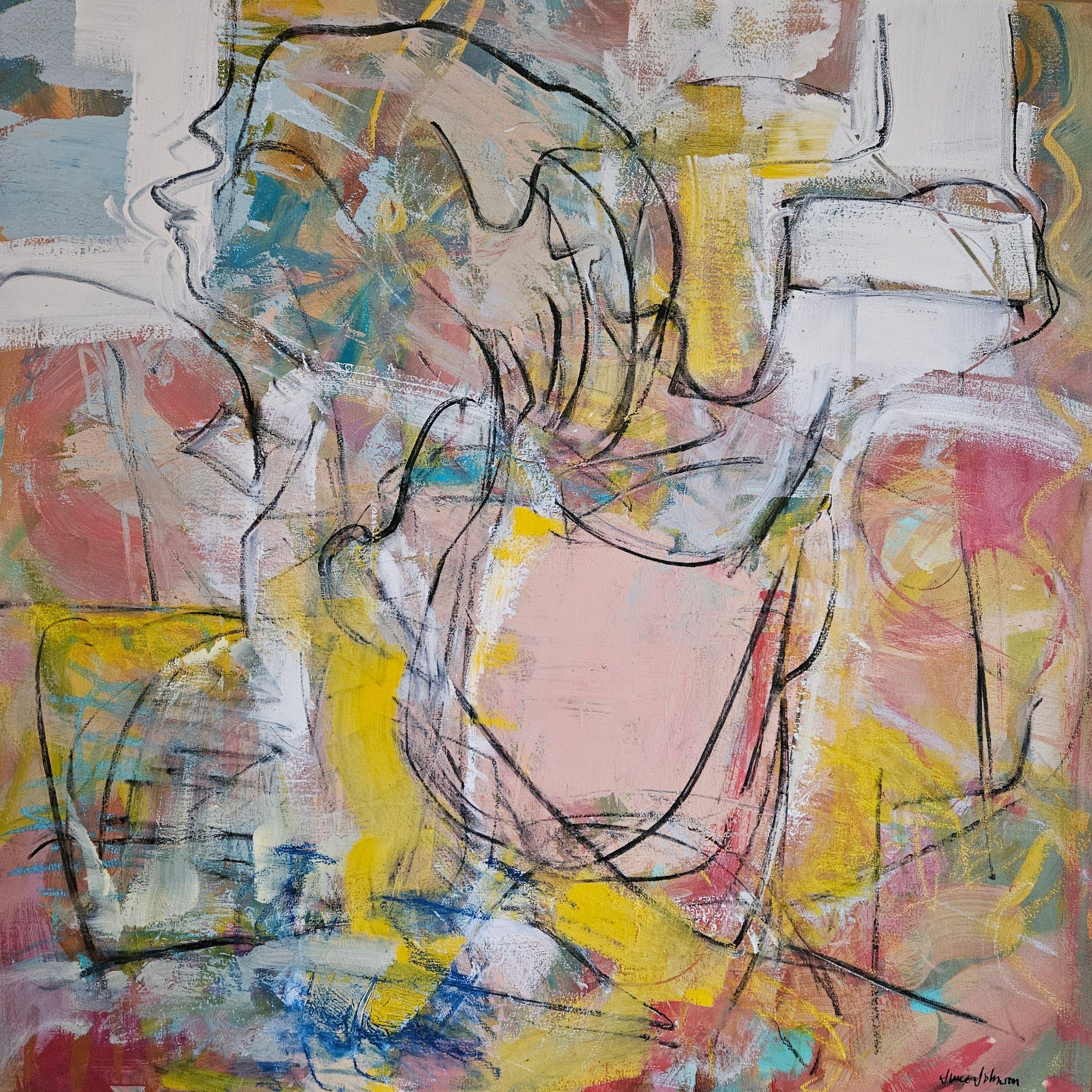 Abstract Painting June Johnson - "La fête d'anniversaire d'Emily", peinture, acrylique sur toile