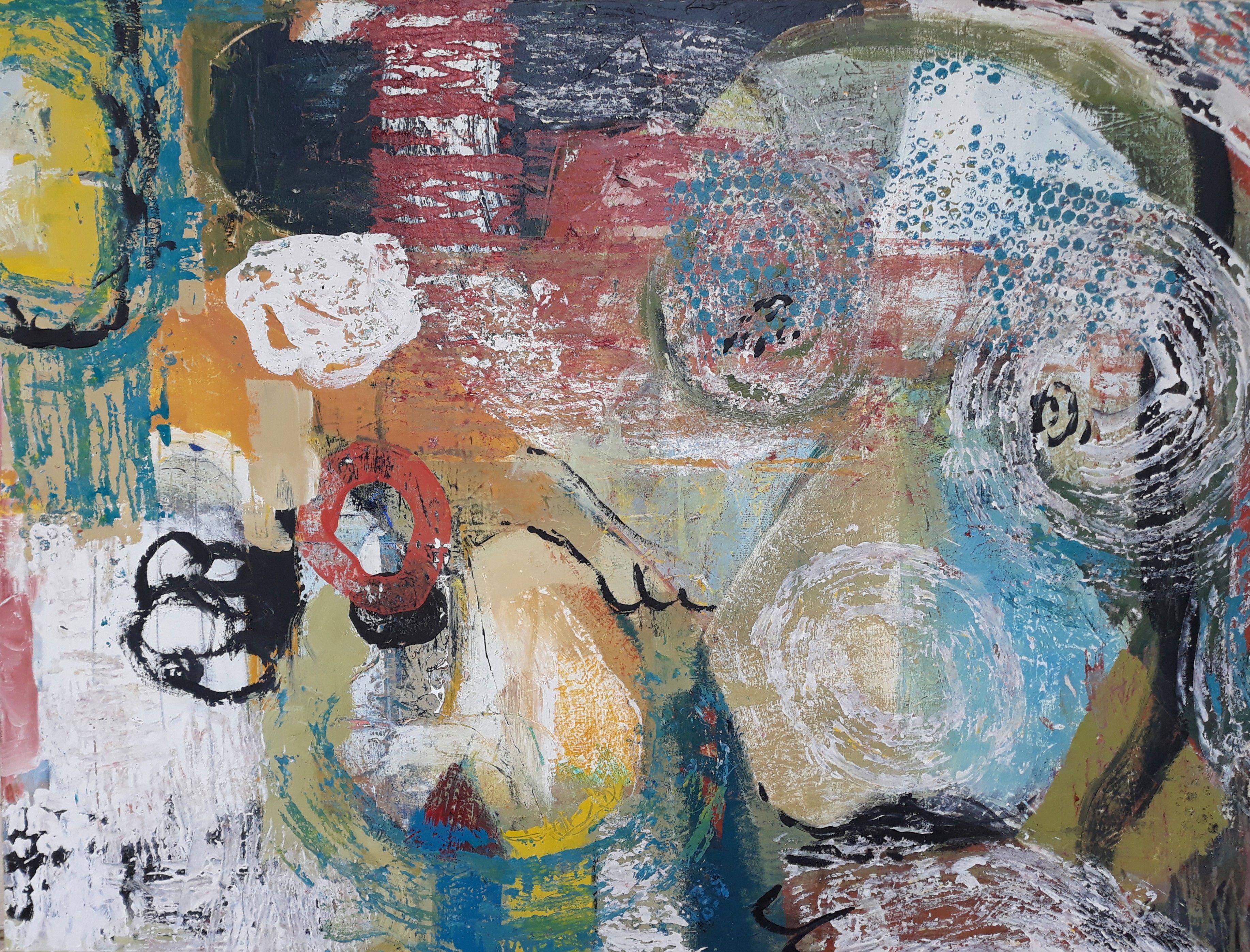 Abstract Painting di June Johnson - "Lascia che i cani addormentati giacciano", Pittura, Acrilico su tela