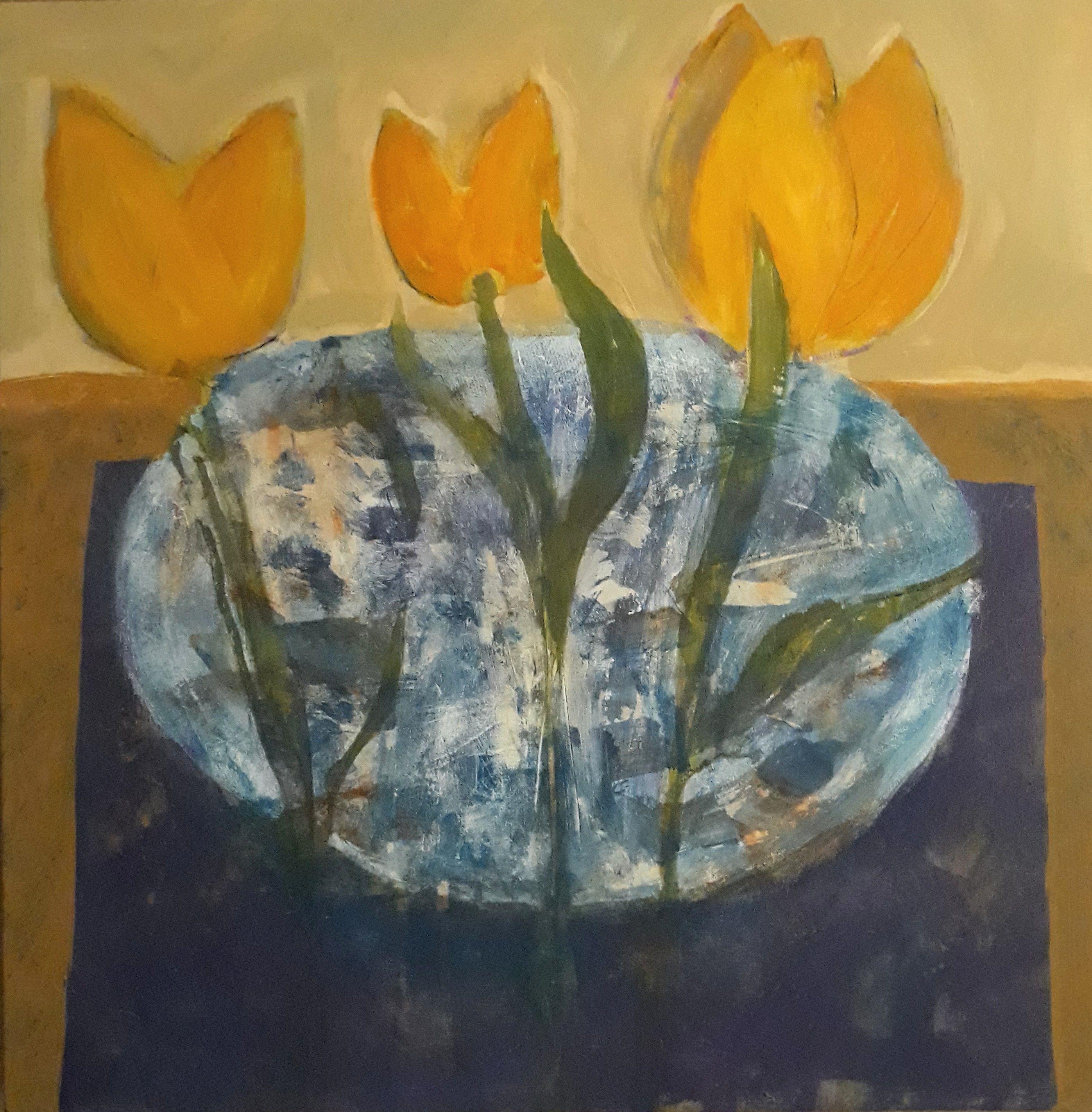 Tulips hovering above pond. :: Painting :: Contemporary :: This piece comes with an official certificate of authenticity signed by the artist :: Ready to Hang: Yes :: Signed: Yes :: Signature Location: Back :: Canvas :: Diagonal :: Original ::