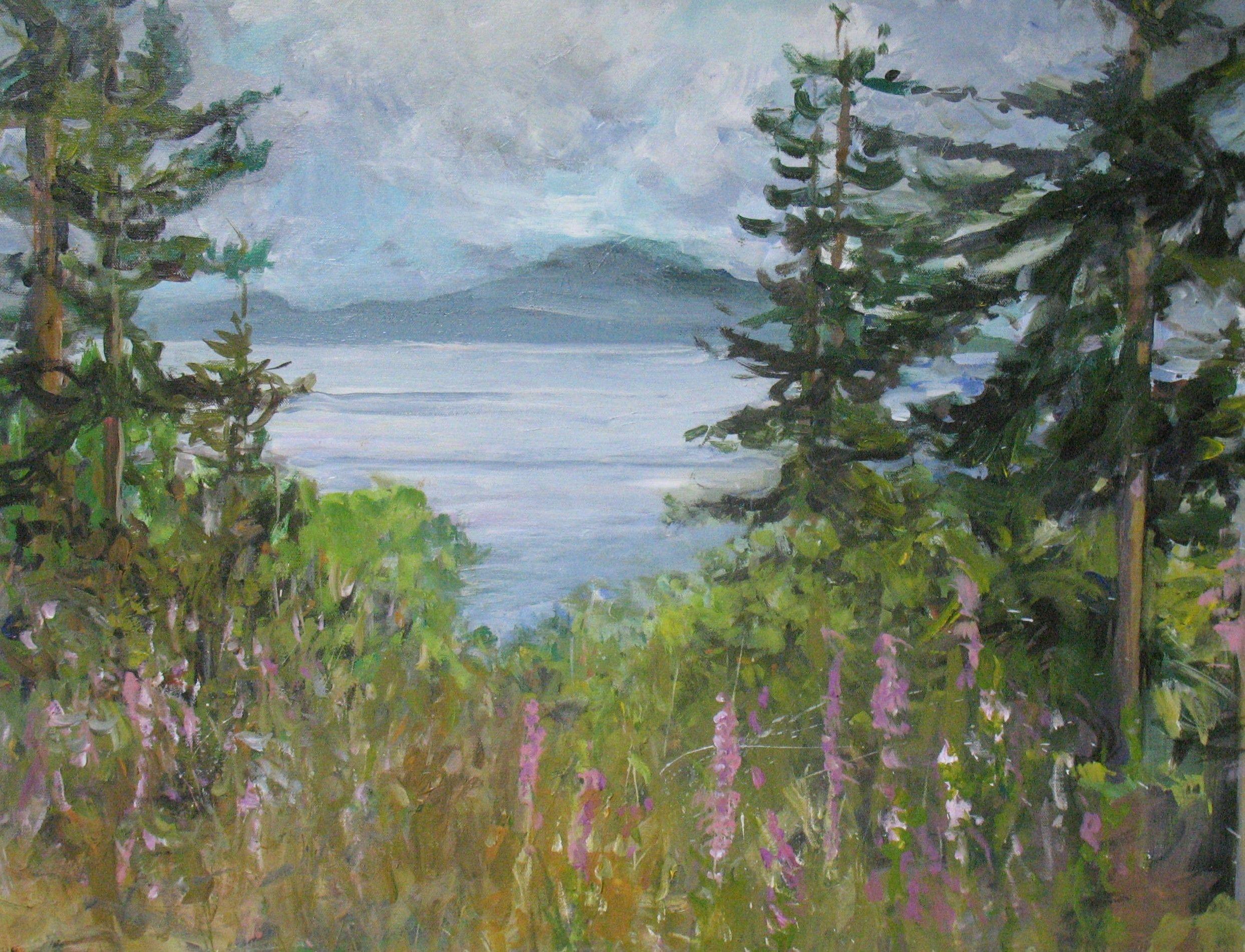 Peinture sur toile du mont Pilchuck de l'île de Whidbey - Painting de June Johnson