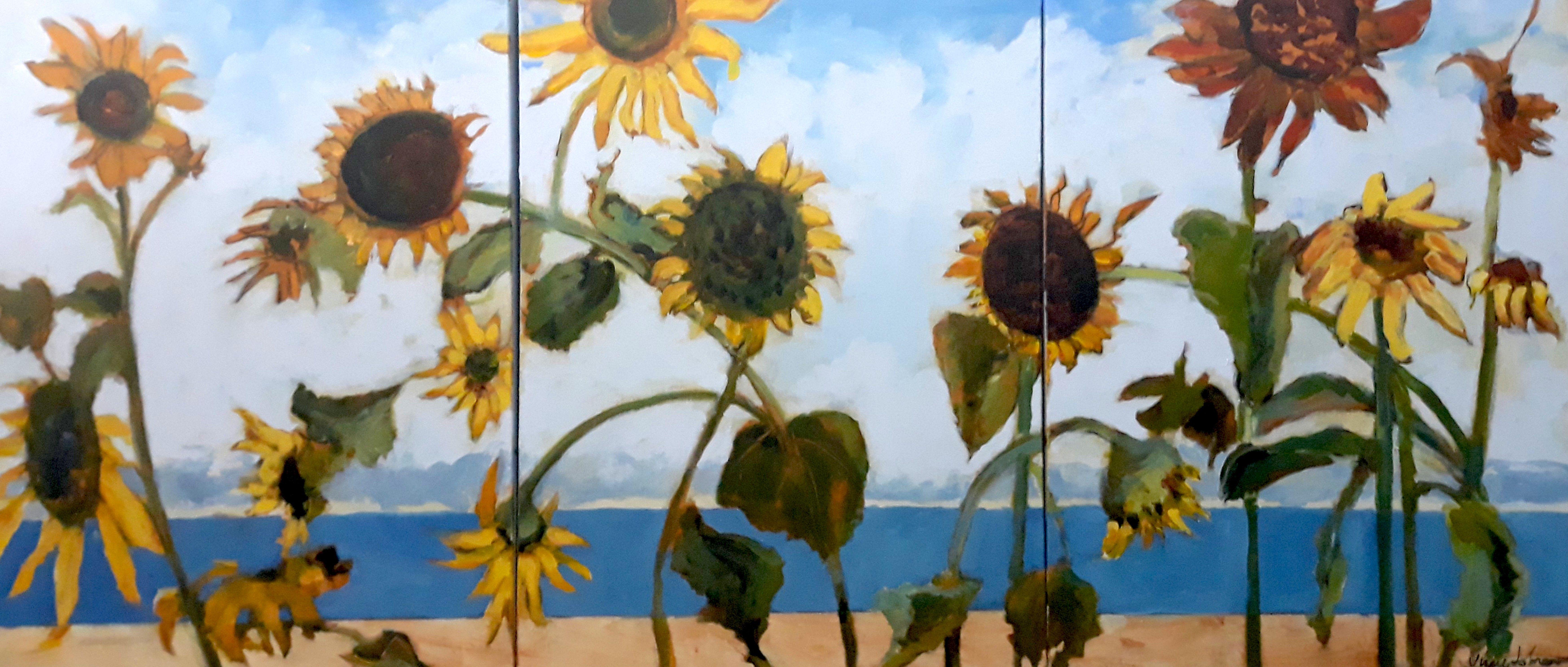 "Girasoli sulla spiaggia", Pittura, Acrilico su tela - Painting di June Johnson