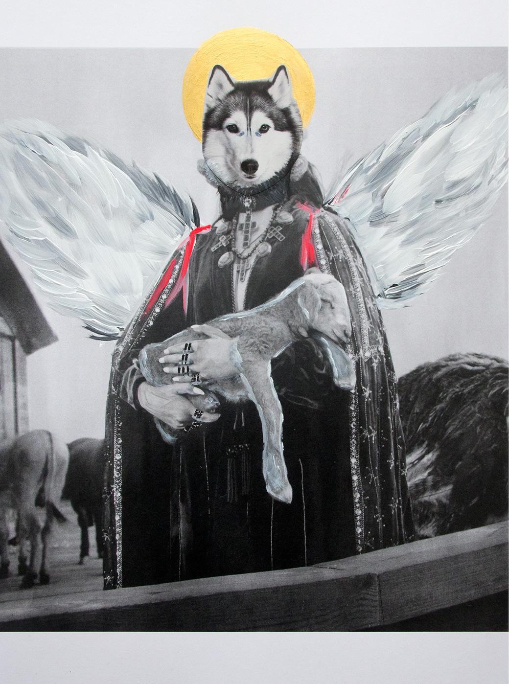 "Untitled (Dog Angel Holding Lamb)," by artist June Kim is a unique artwork executed in collage, acrylic paint and gouache over a photographic image also created by the artist. This artwork is from June Kim's The New Divine series.

Artwork is