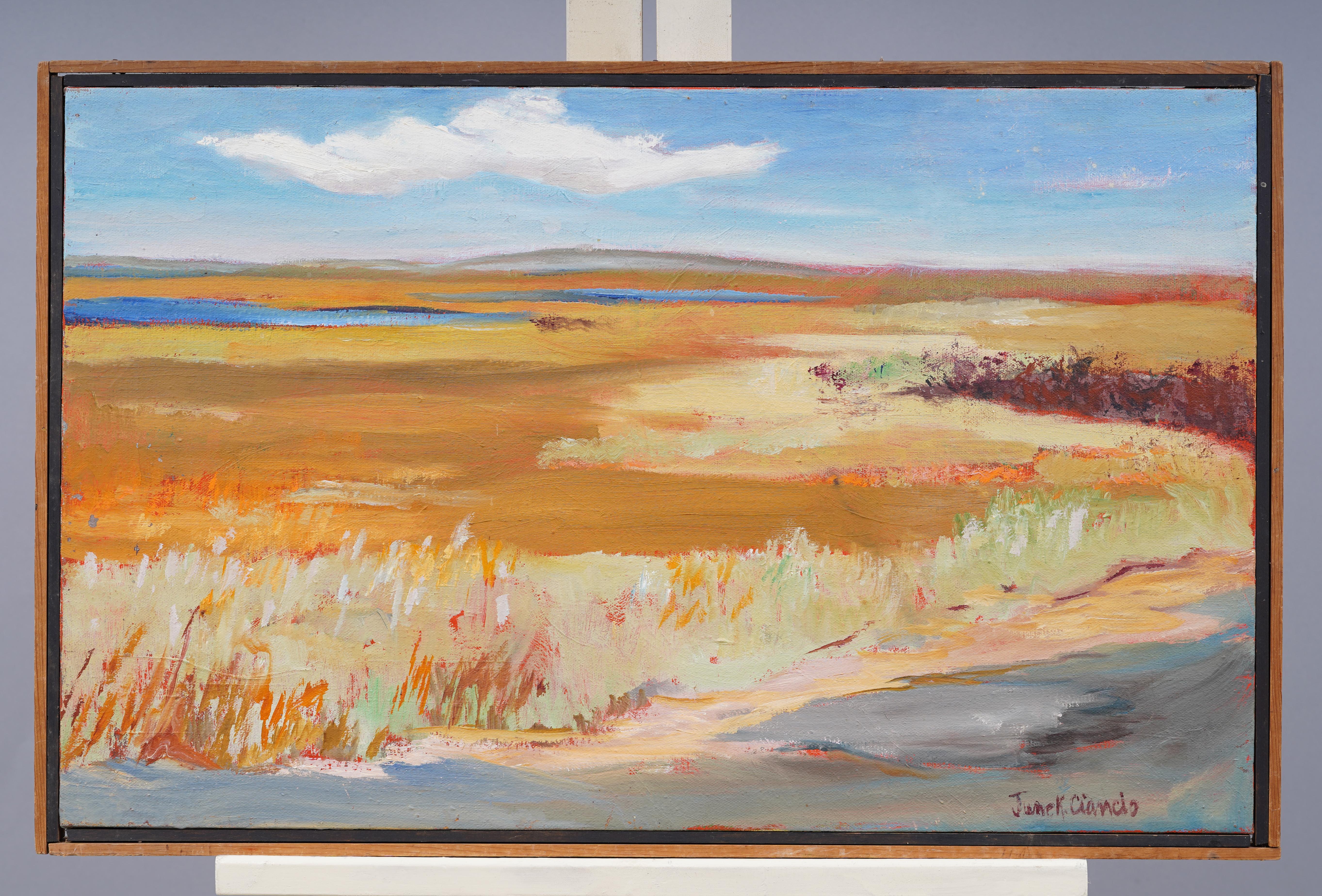 Antikes amerikanisches impressionistisches Ölgemälde, Hamptons Wetlands, gerahmte Landschaft (Moderne), Painting, von JUNE KIRKPATRICK CIANCIO