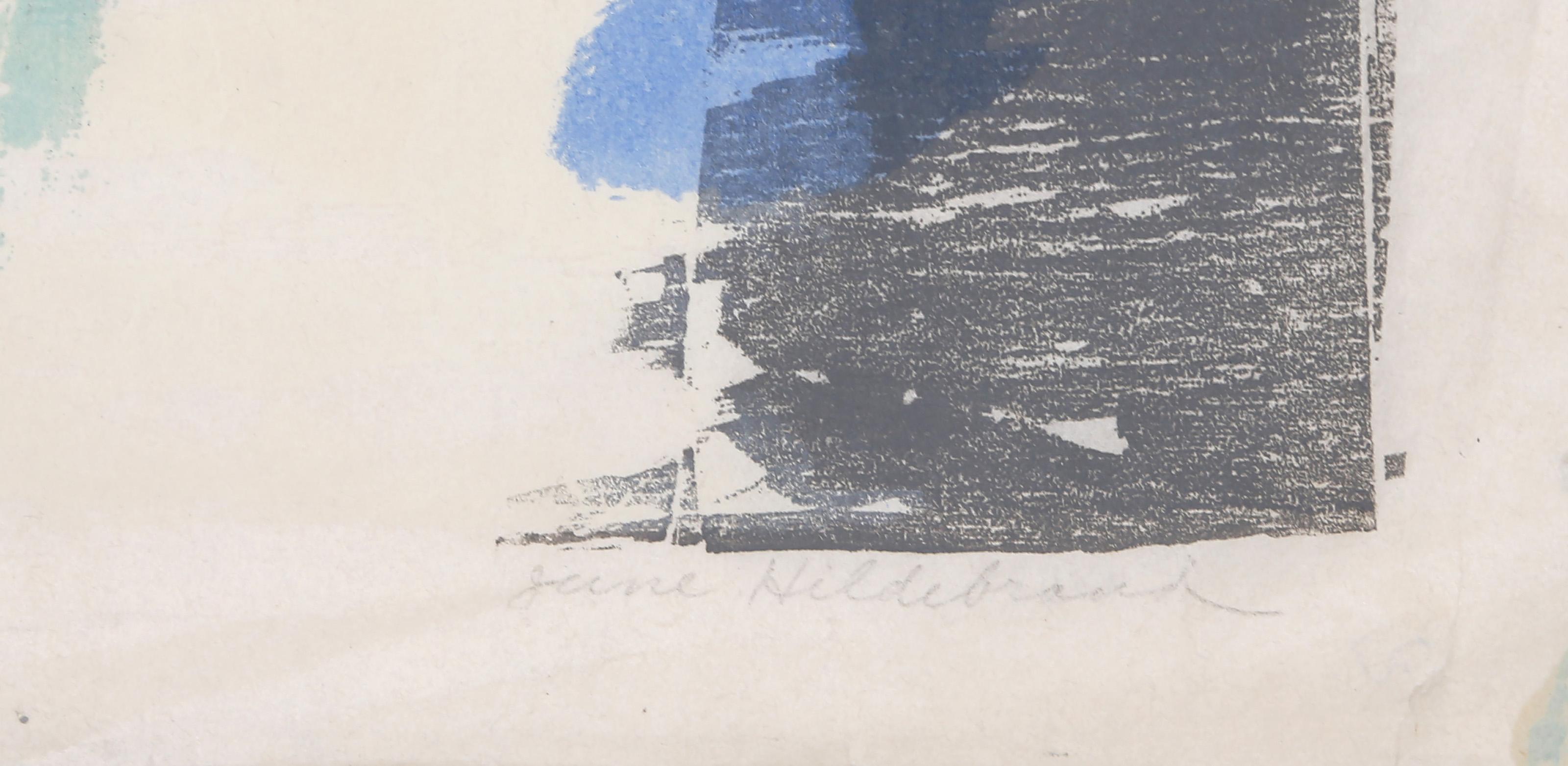 Saluto al 1965, litografia moderna con xilografia e calcografia - Abstract Print Grigio di June Mary Ann Hildebrand