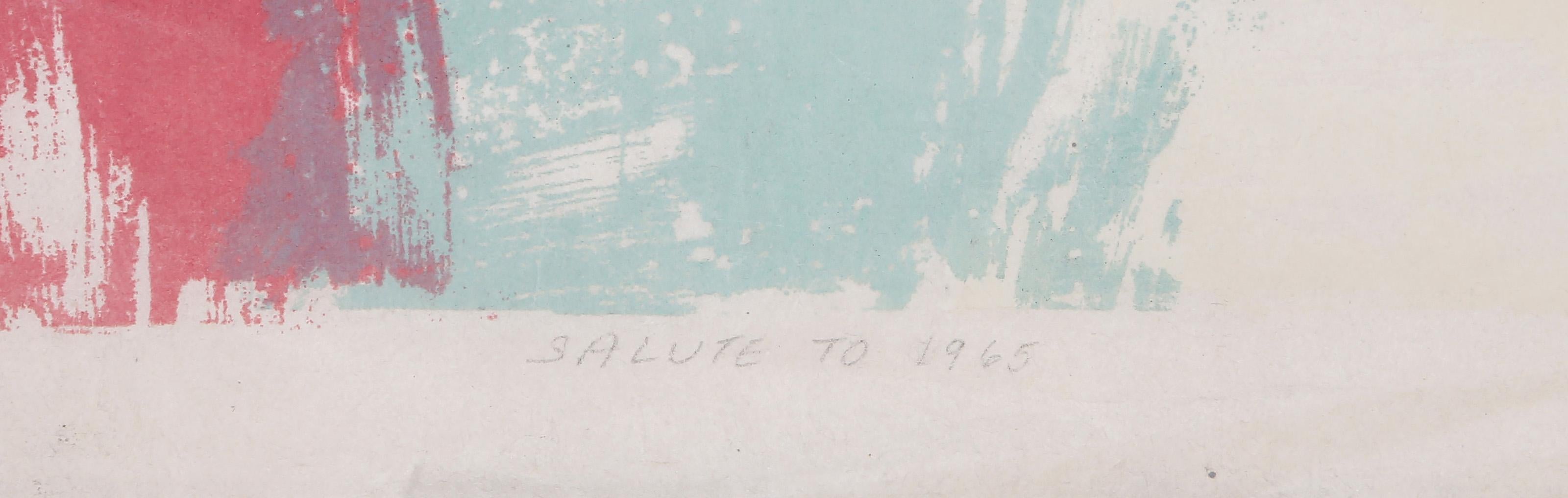 June Mary Ann Hildebrand - Salute al 1965, Anno:  1965, Medio:  Litografia, Woodblock e calcografia su Japon, firmata, intitolata e numerata a matita, edizione:  5/8, Dimensione immagine:  22 x 14 pollici, Dimensioni:  24 x 17 pollici (60,96 x 43,18