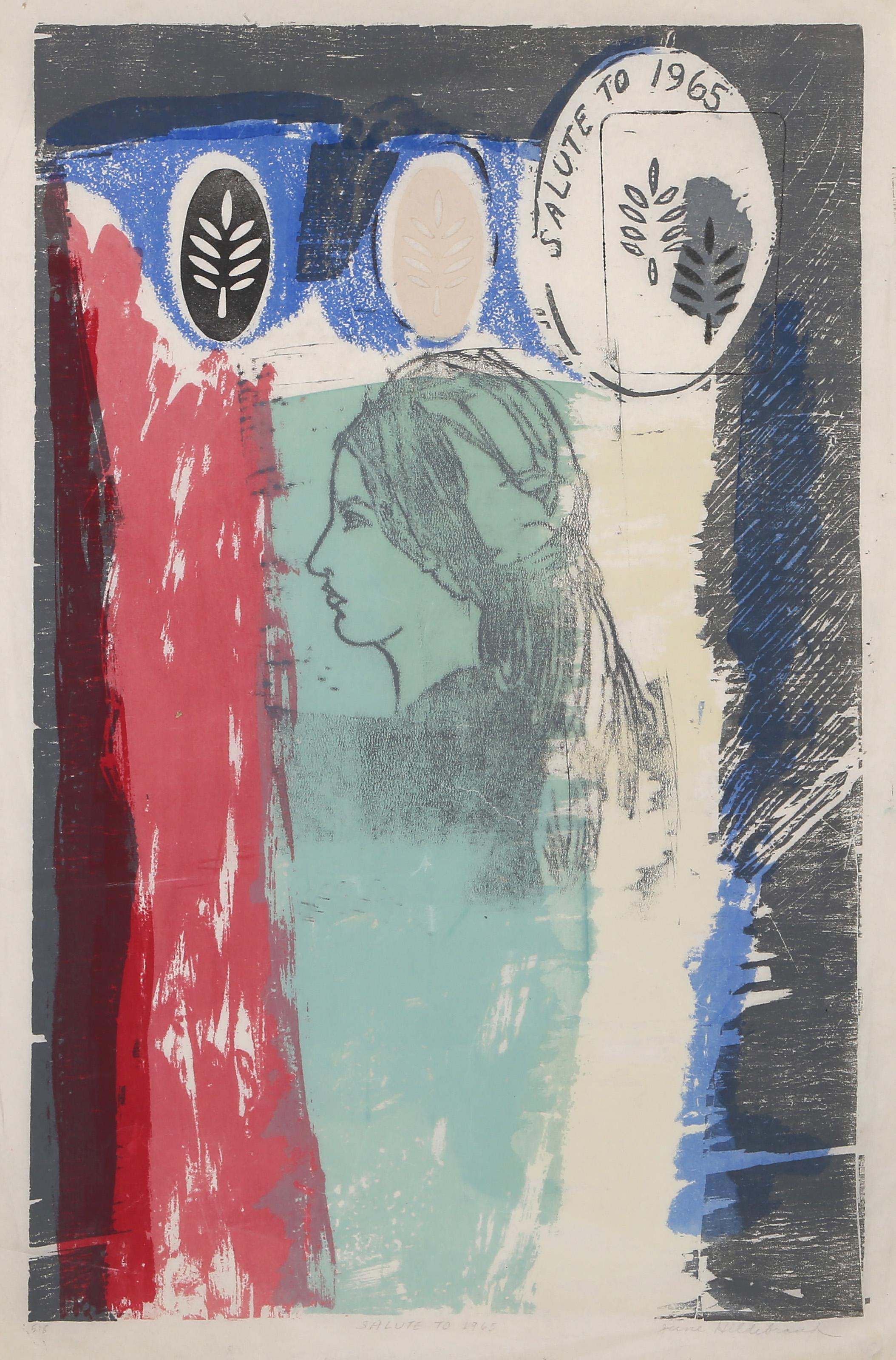 Abstract Print di June Mary Ann Hildebrand - Saluto al 1965, litografia moderna con xilografia e calcografia