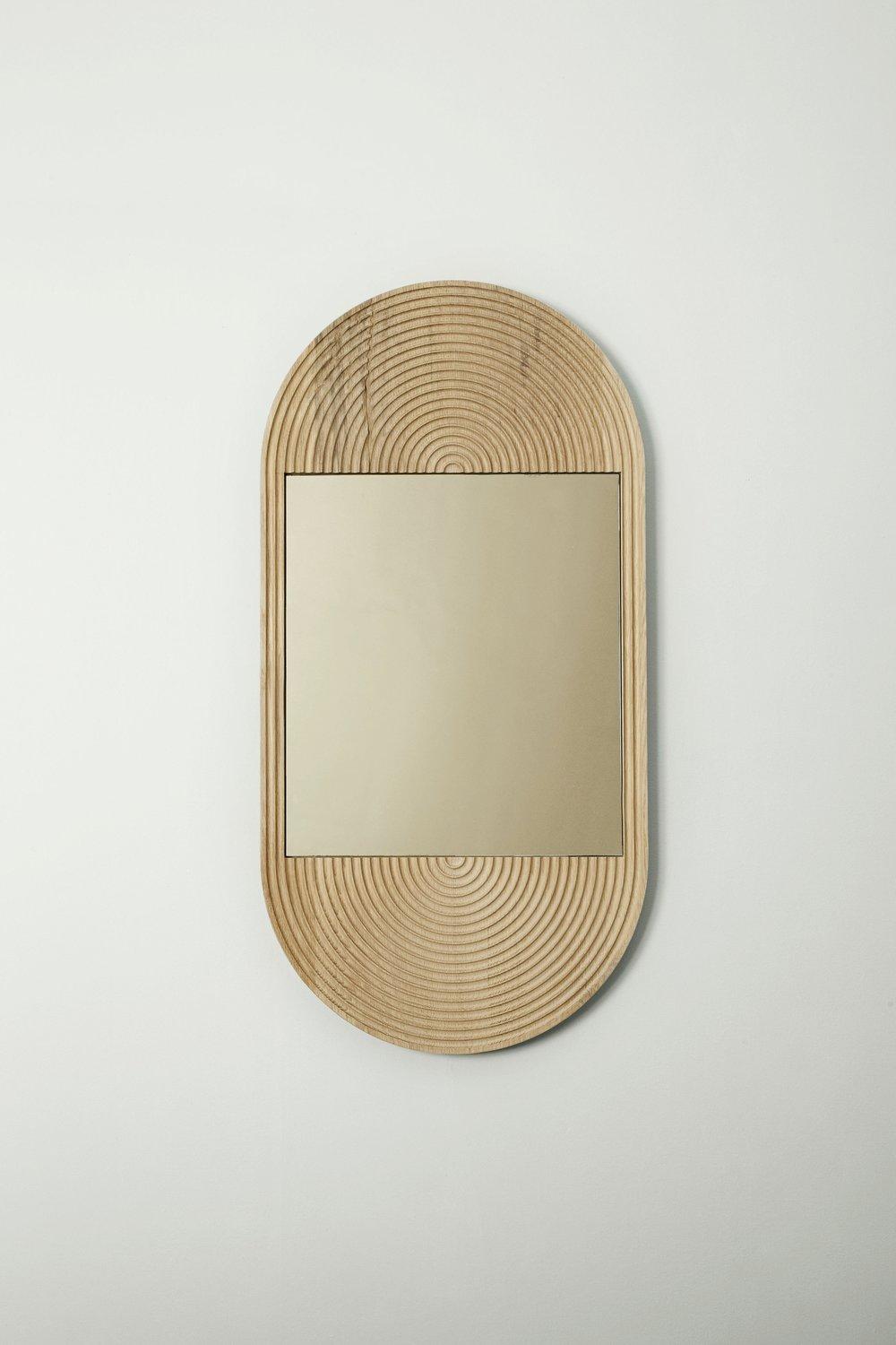 Modern June Mirror, Large in Carved White Oak and Bronze Mirror