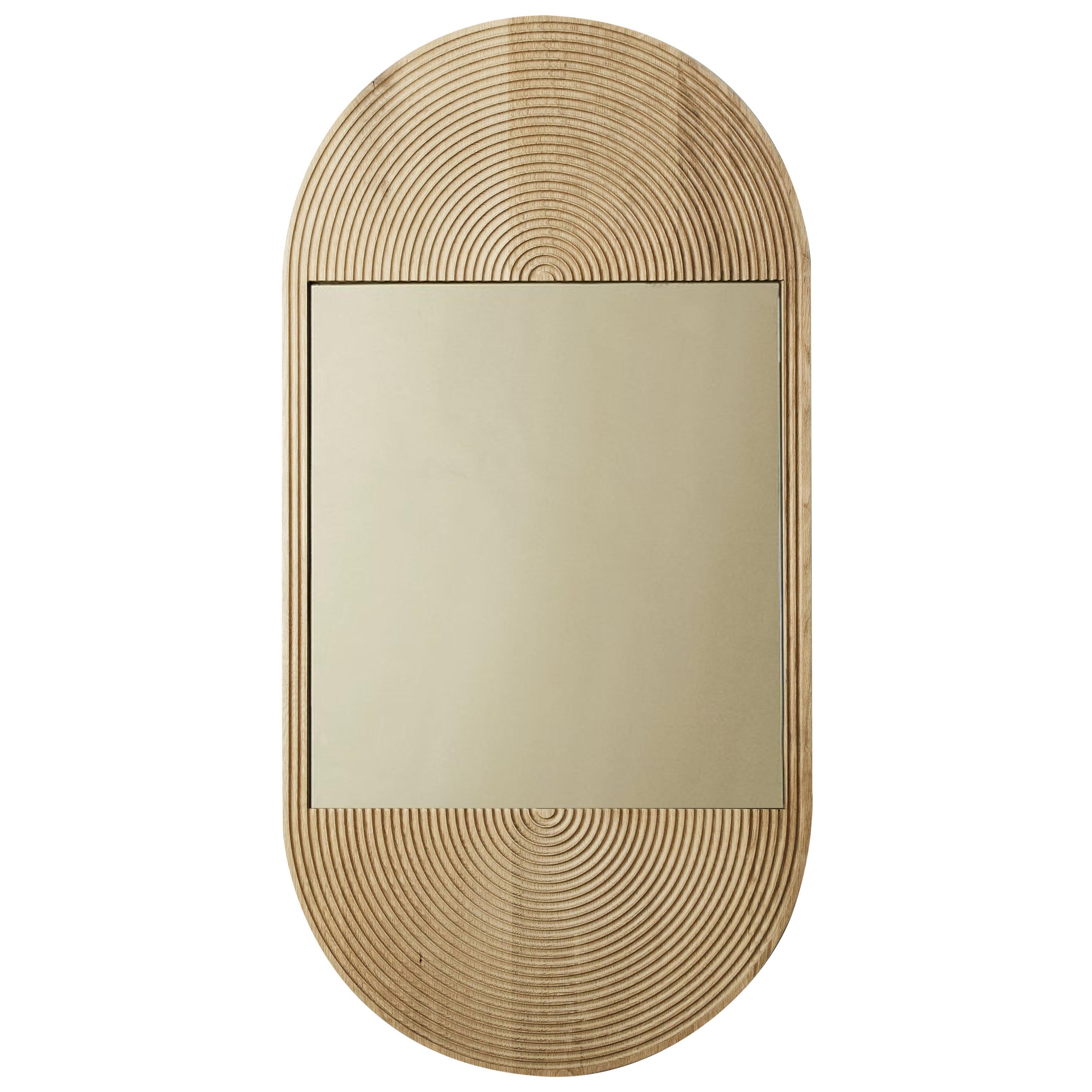 June Mirror, Large in Carved White Oak and Bronze Mirror