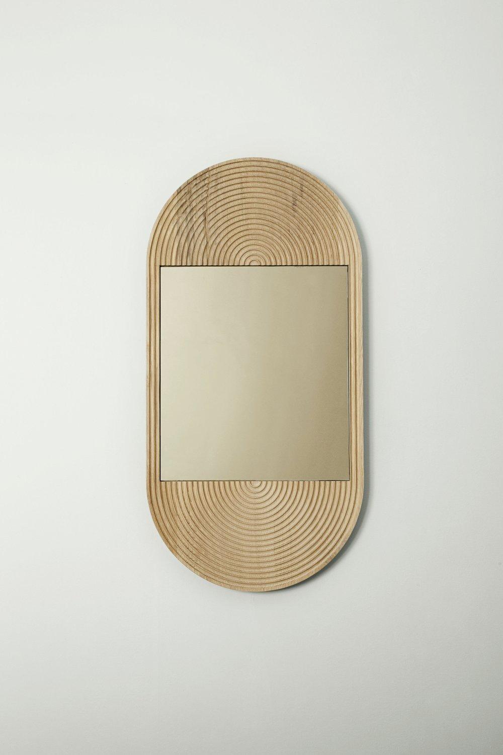 American June Mirror, Small in Carved White Oak and Bronze Mirror