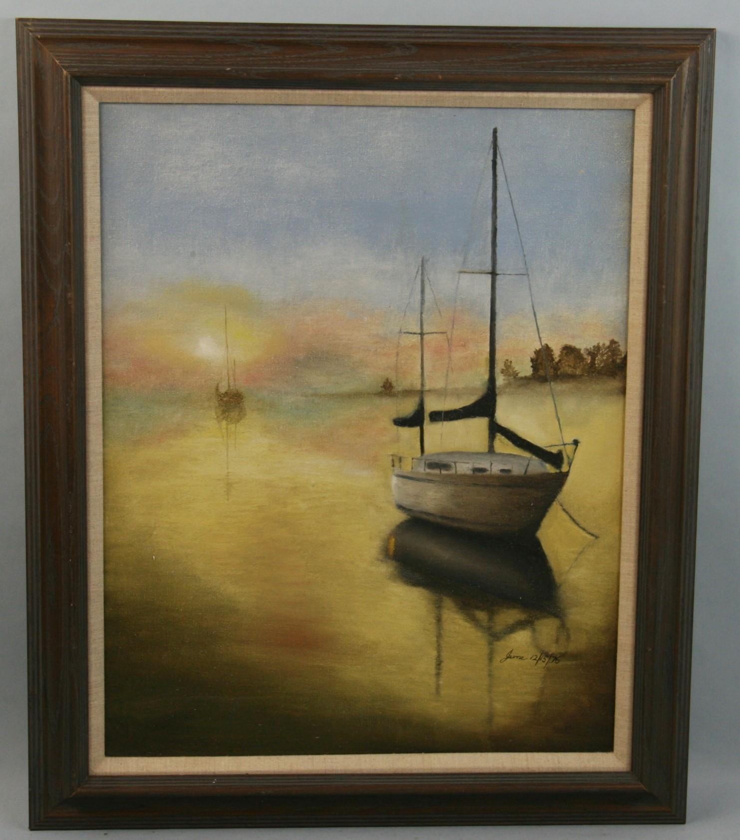 June Landscape Painting -  Sailboats into Misty Sunset 1975