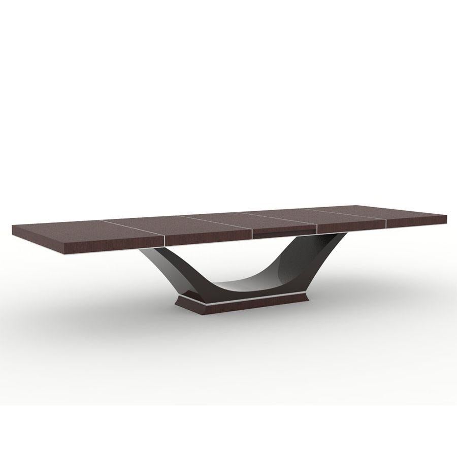 Made out of Red Mahogany and espresso maple, the Juneau Dining Table has brushed satin silver detailing. The base is an exaggerated curve which adds to the aesthetic appeal of the piece. 

All our work is made to order on a custom basis. This
