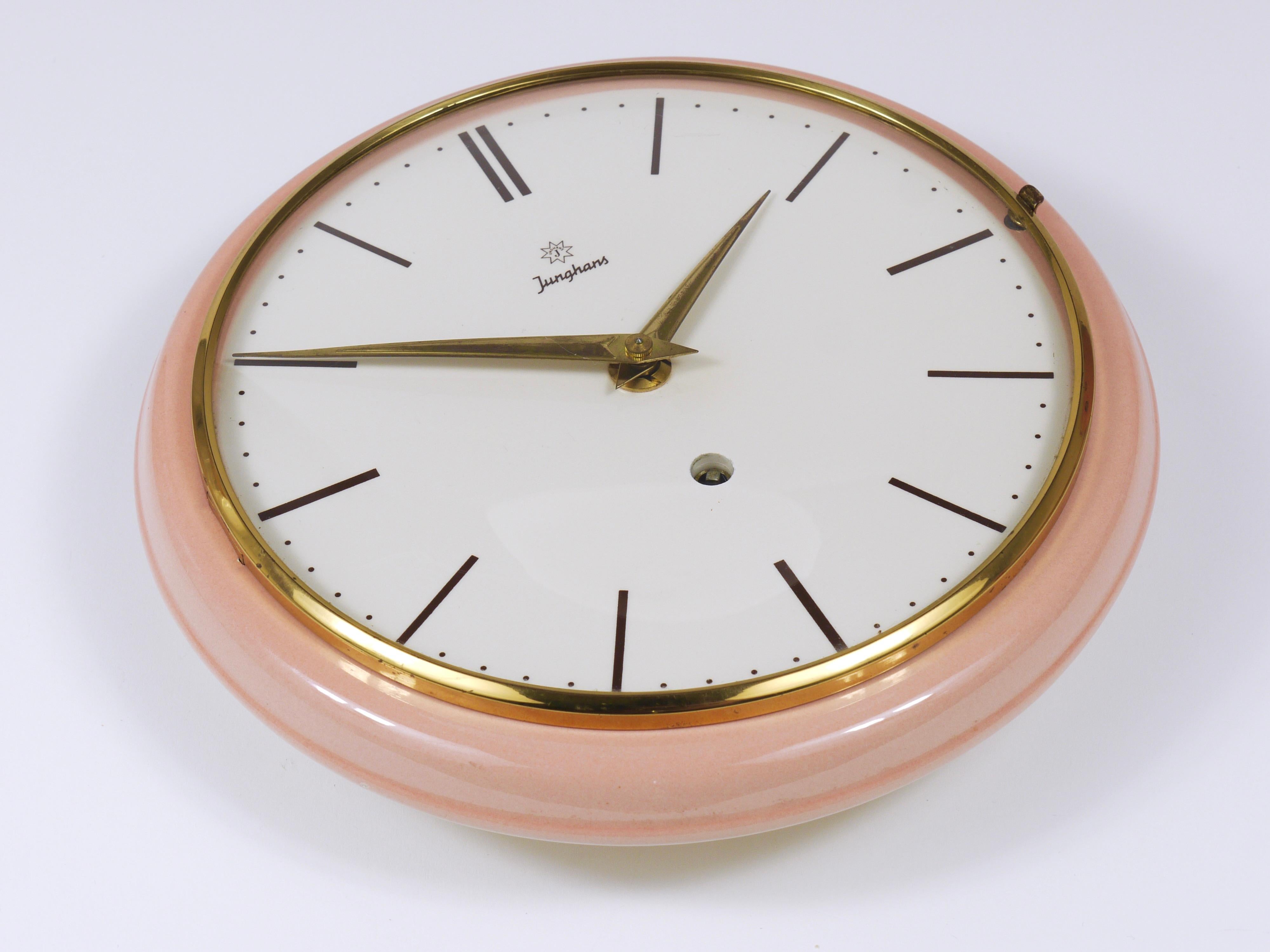 Junghans Large Pink Max Bill Style Midcentury Wall Clock, Germany, 1950s For Sale 3