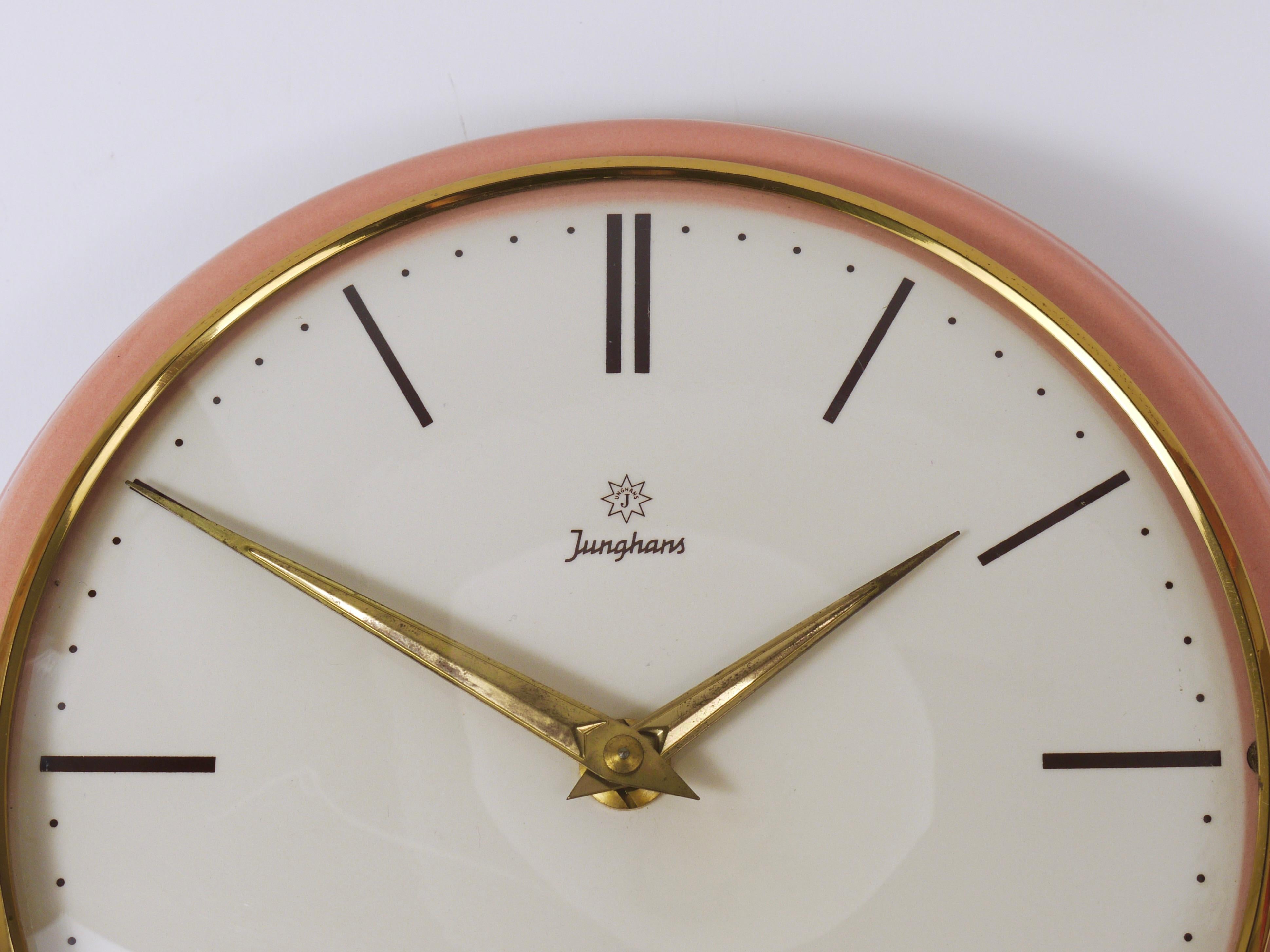 Mid-Century Modern Junghans Large Pink Max Bill Style Midcentury Wall Clock, Germany, 1950s For Sale