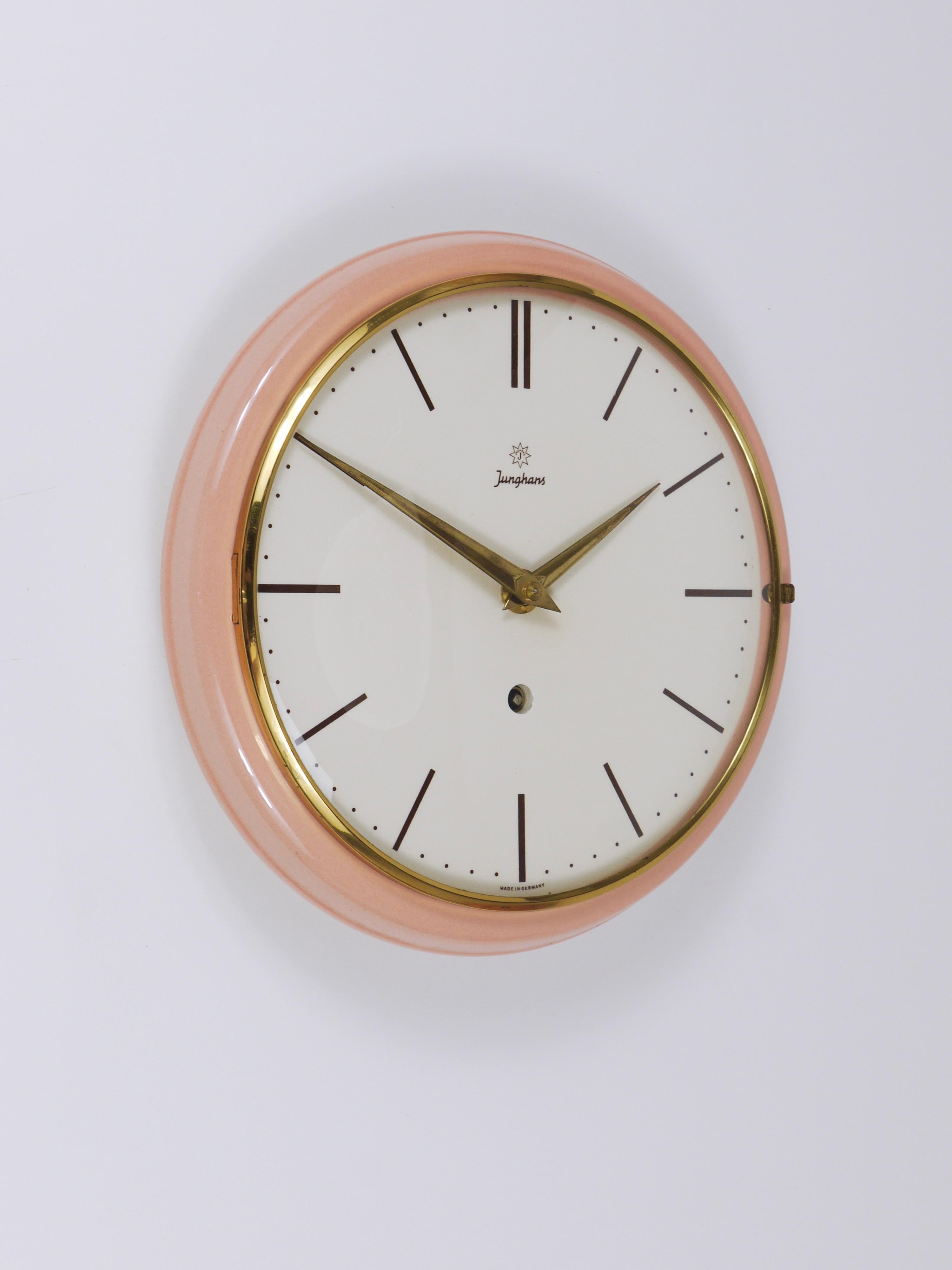 Glazed Junghans Large Pink Max Bill Style Midcentury Wall Clock, Germany, 1950s For Sale