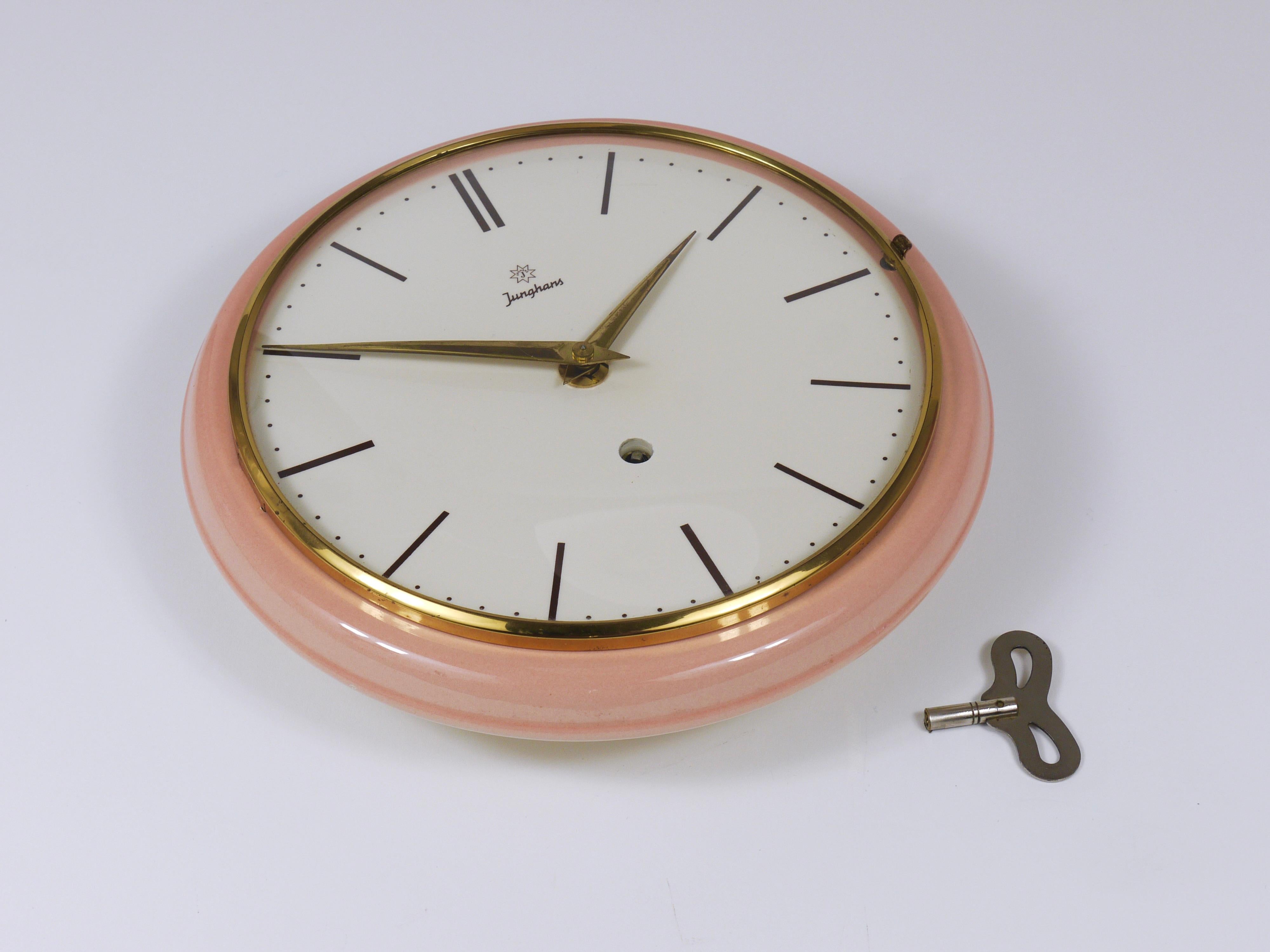 20th Century Junghans Large Pink Max Bill Style Midcentury Wall Clock, Germany, 1950s For Sale