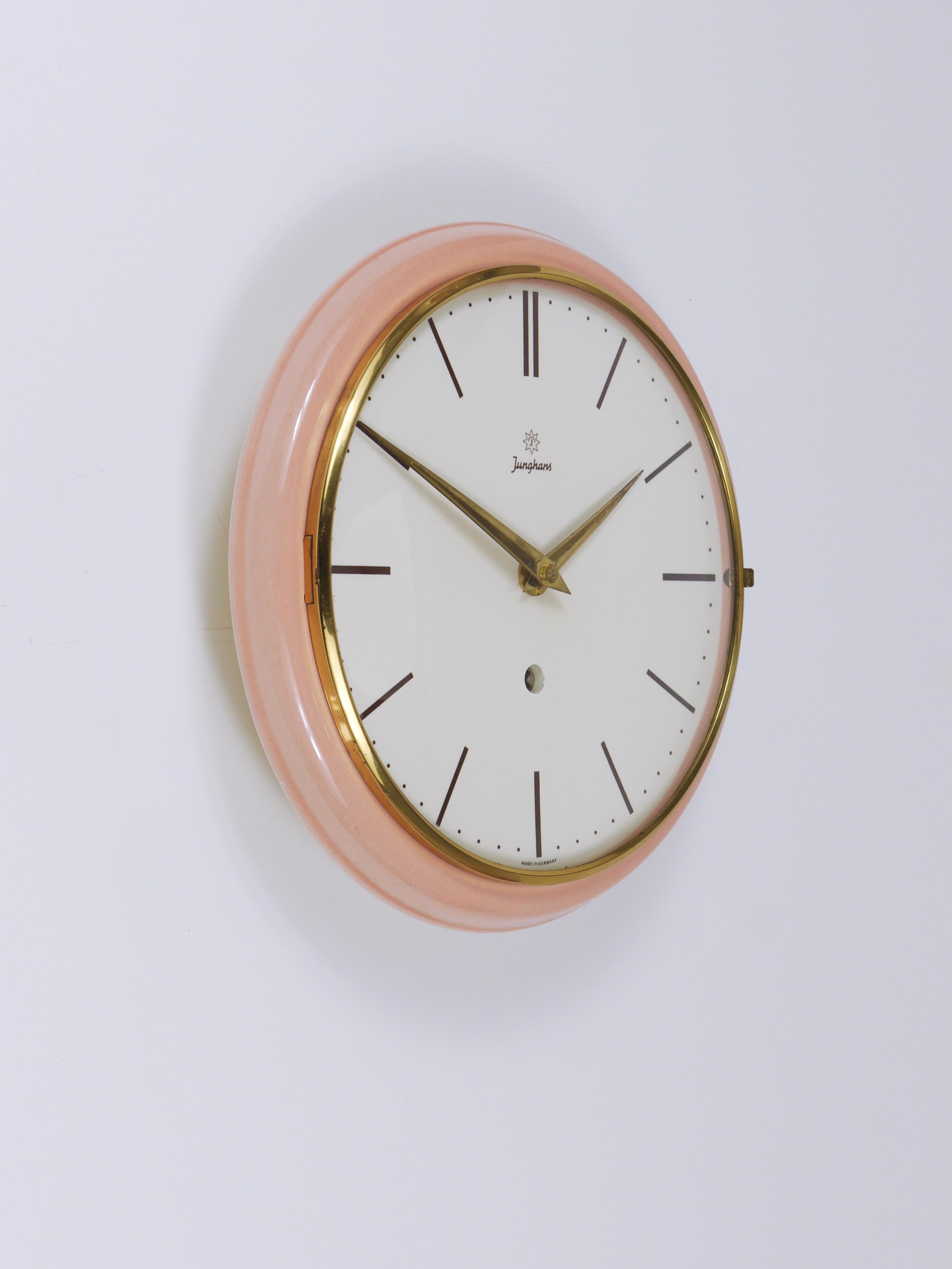 Brass Junghans Large Pink Max Bill Style Midcentury Wall Clock, Germany, 1950s For Sale