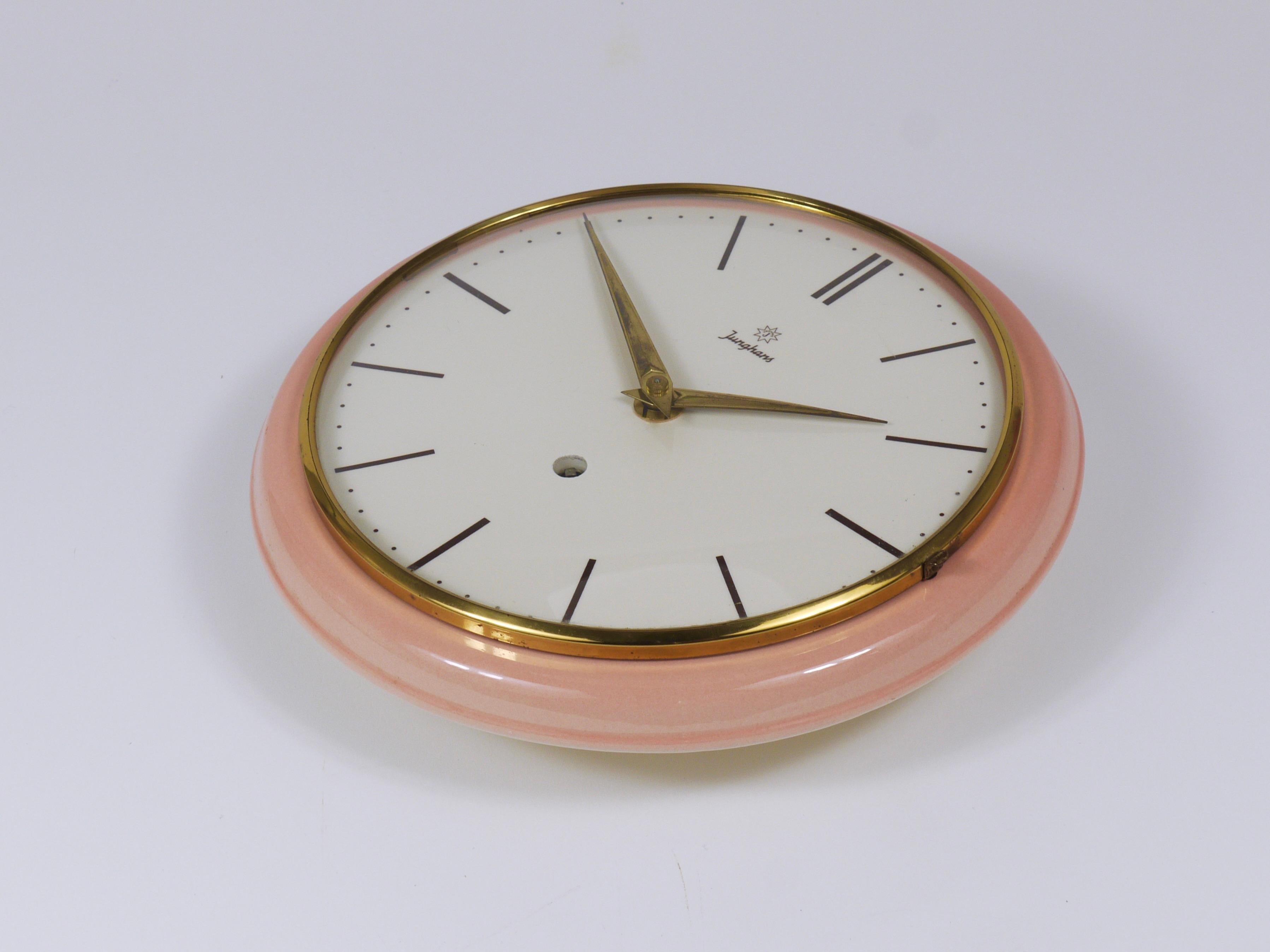 Junghans Large Pink Max Bill Style Midcentury Wall Clock, Germany, 1950s For Sale 1