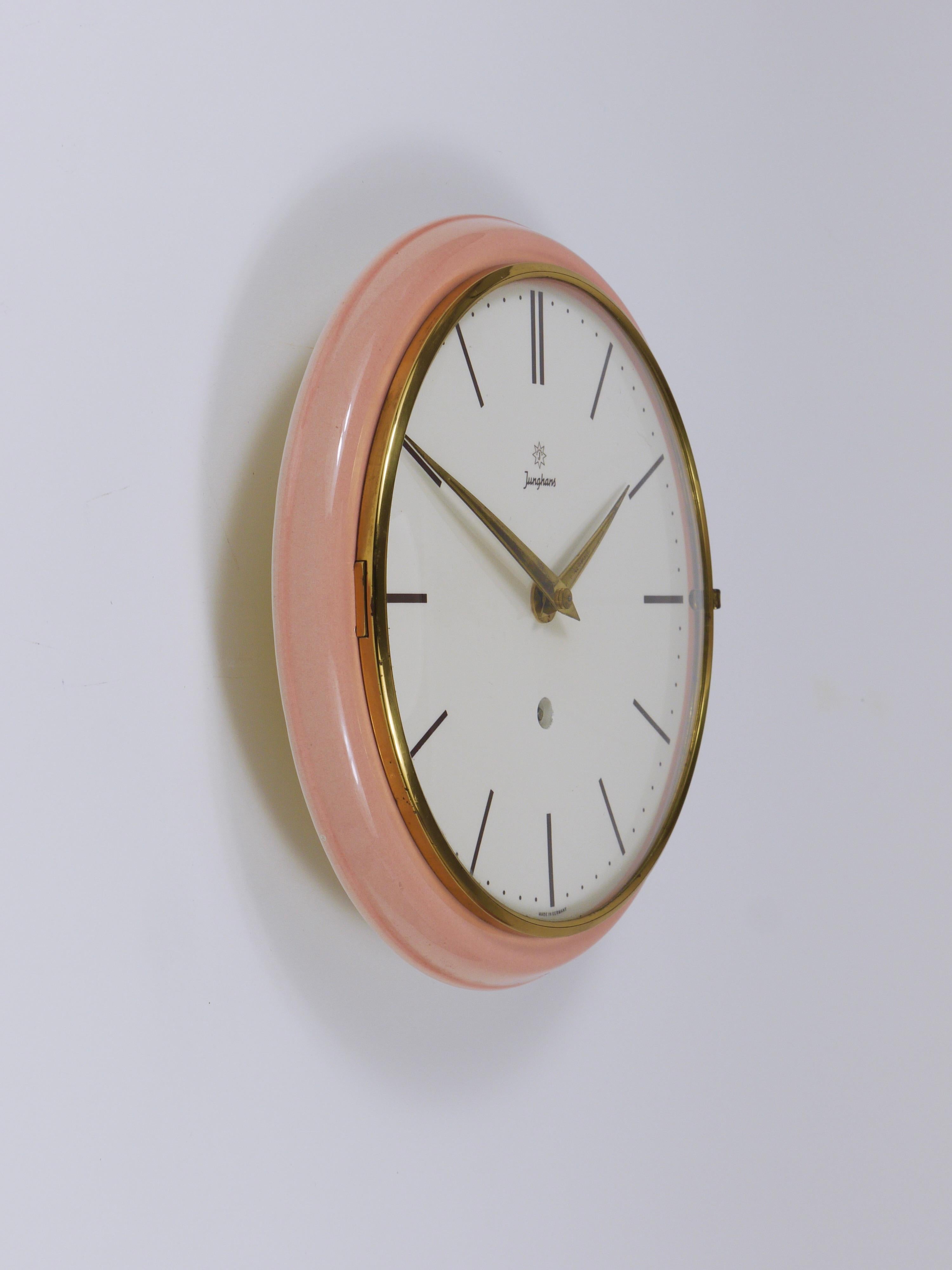 Junghans Large Pink Max Bill Style Midcentury Wall Clock, Germany, 1950s For Sale 2