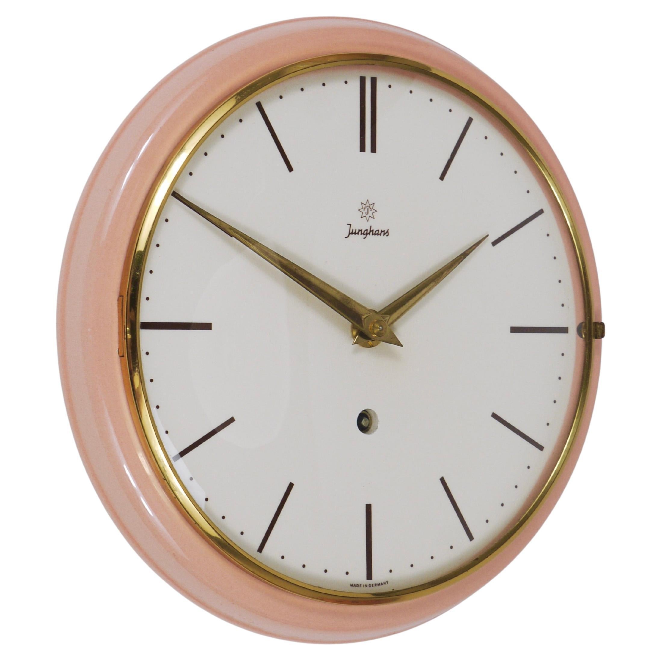 Junghans Large Pink Max Bill Style Midcentury Wall Clock, Germany, 1950s For Sale