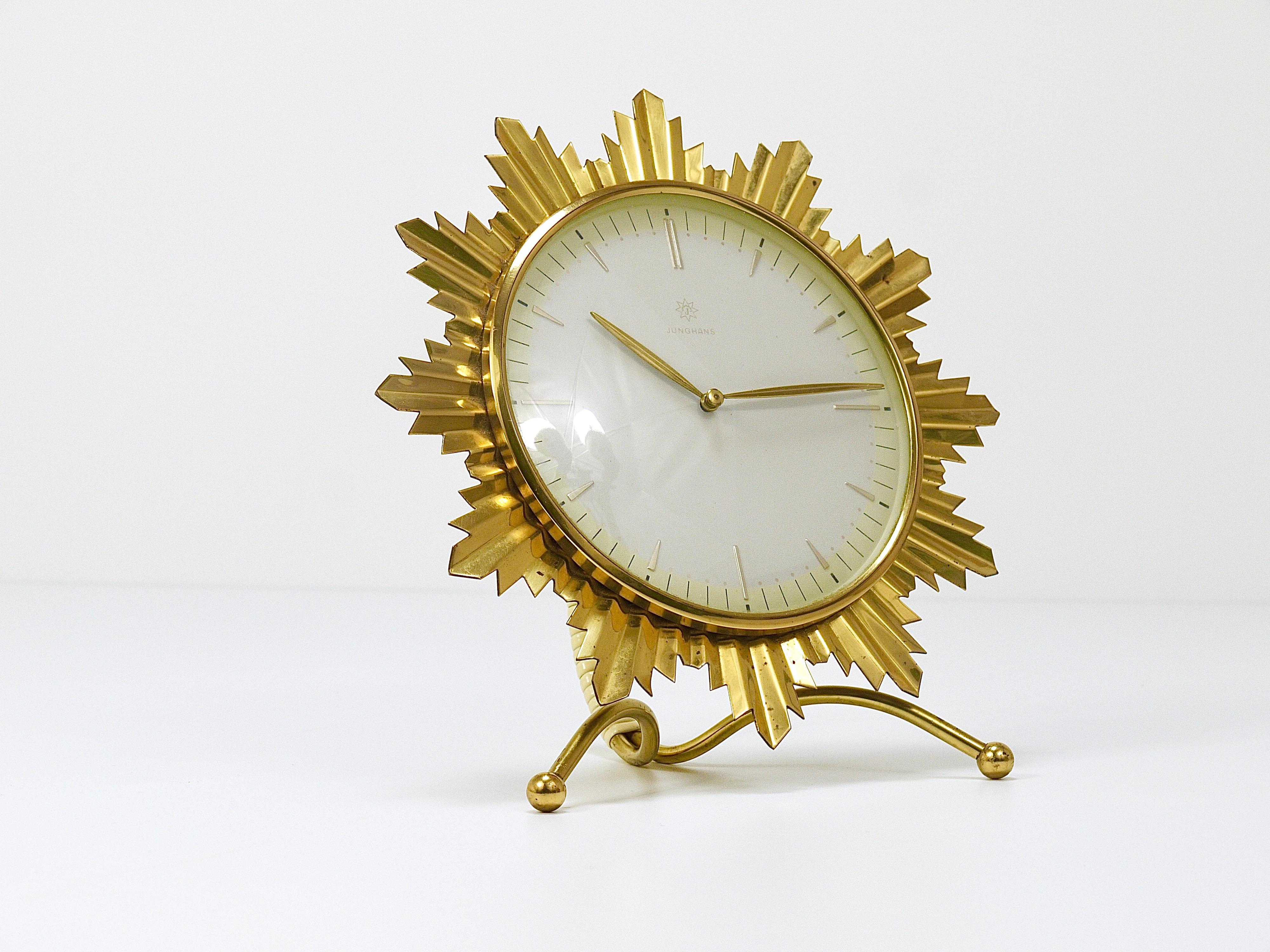 Junghans Mid-Century Golden Sunburst Brass Table Desk Clock, Germany, 1950s For Sale 4