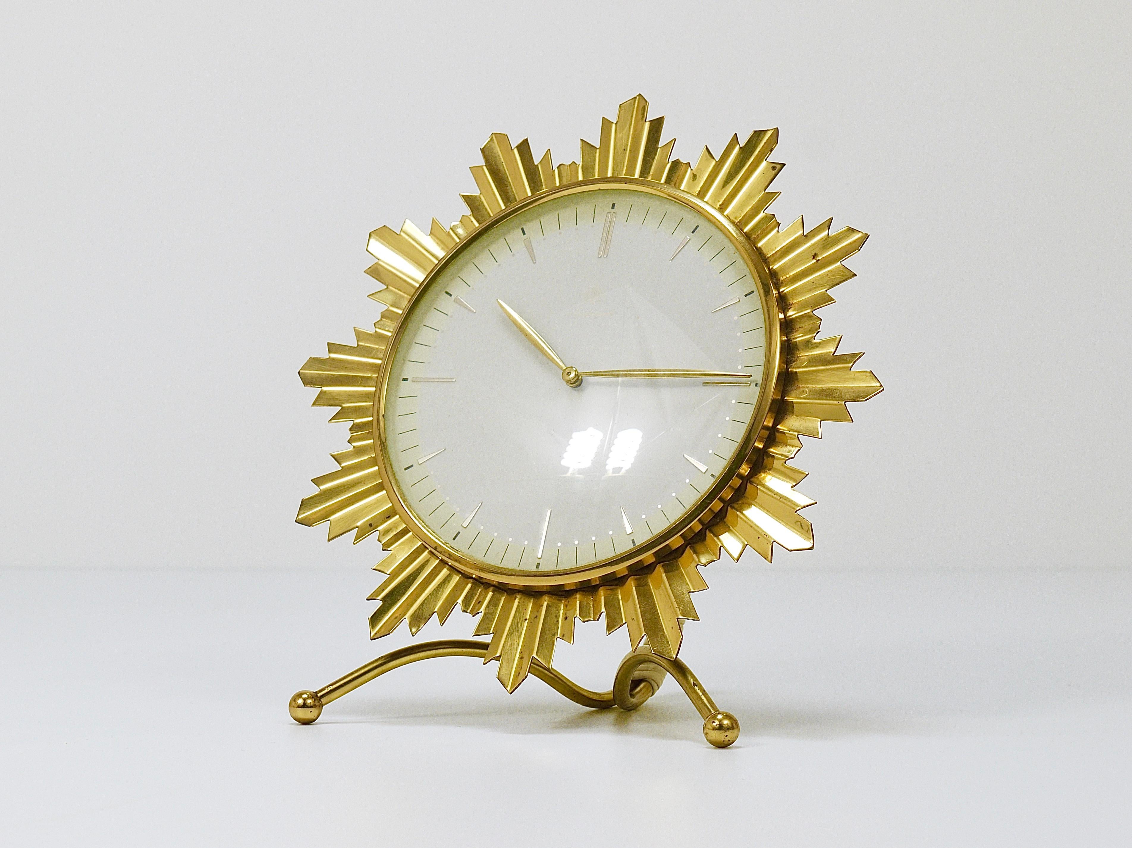 Junghans Mid-Century Golden Sunburst Brass Table Desk Clock, Germany, 1950s For Sale 5