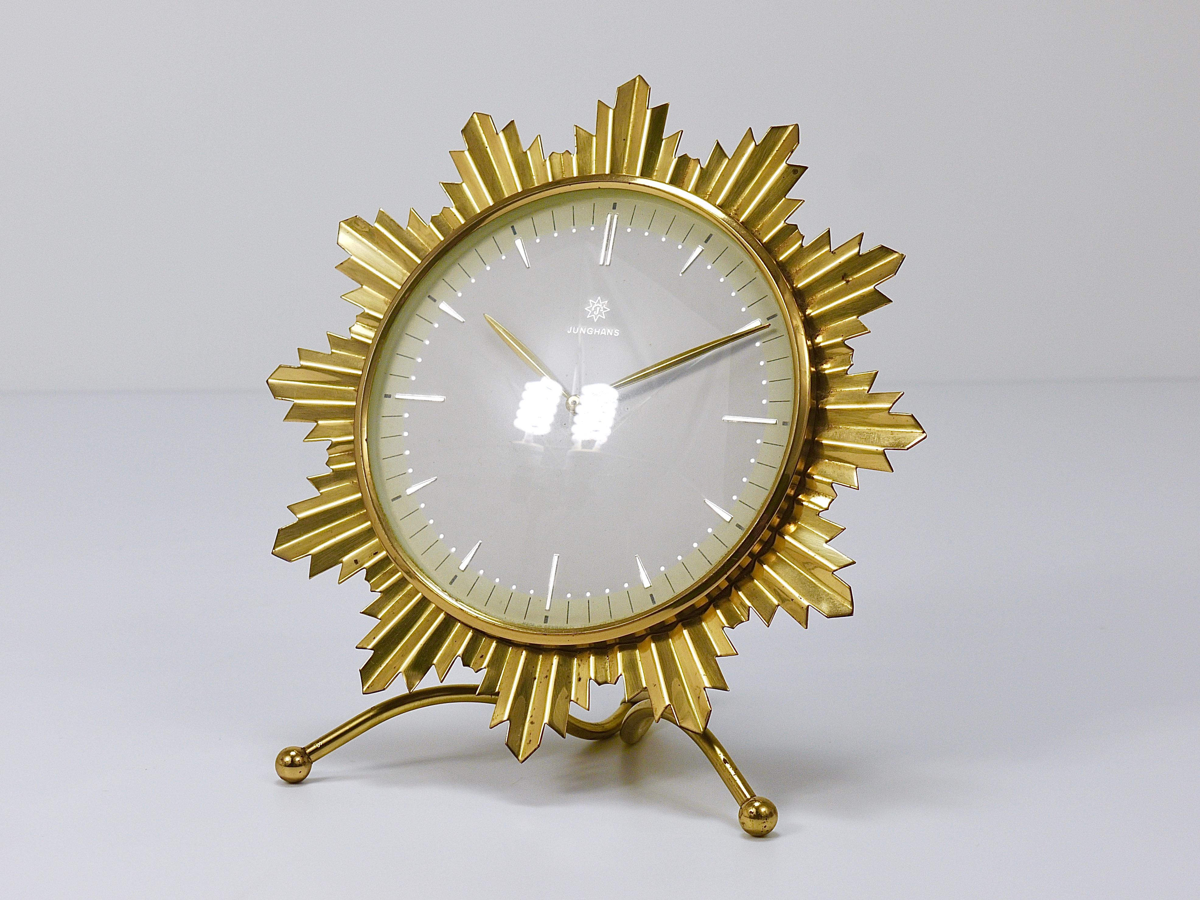 Junghans Mid-Century Golden Sunburst Brass Table Desk Clock, Germany, 1950s For Sale 6