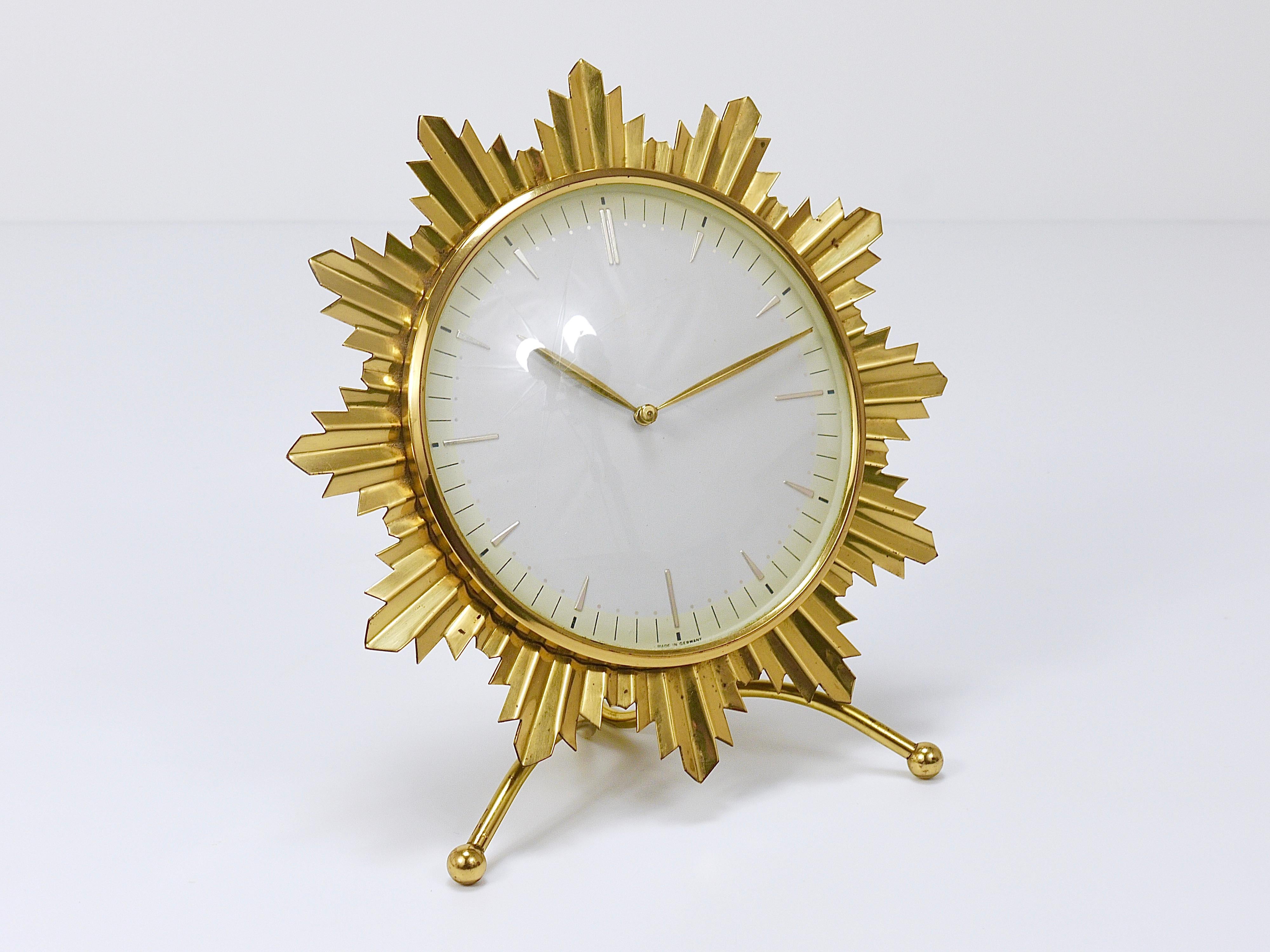 Junghans Mid-Century Golden Sunburst Brass Table Desk Clock, Germany, 1950s For Sale 7