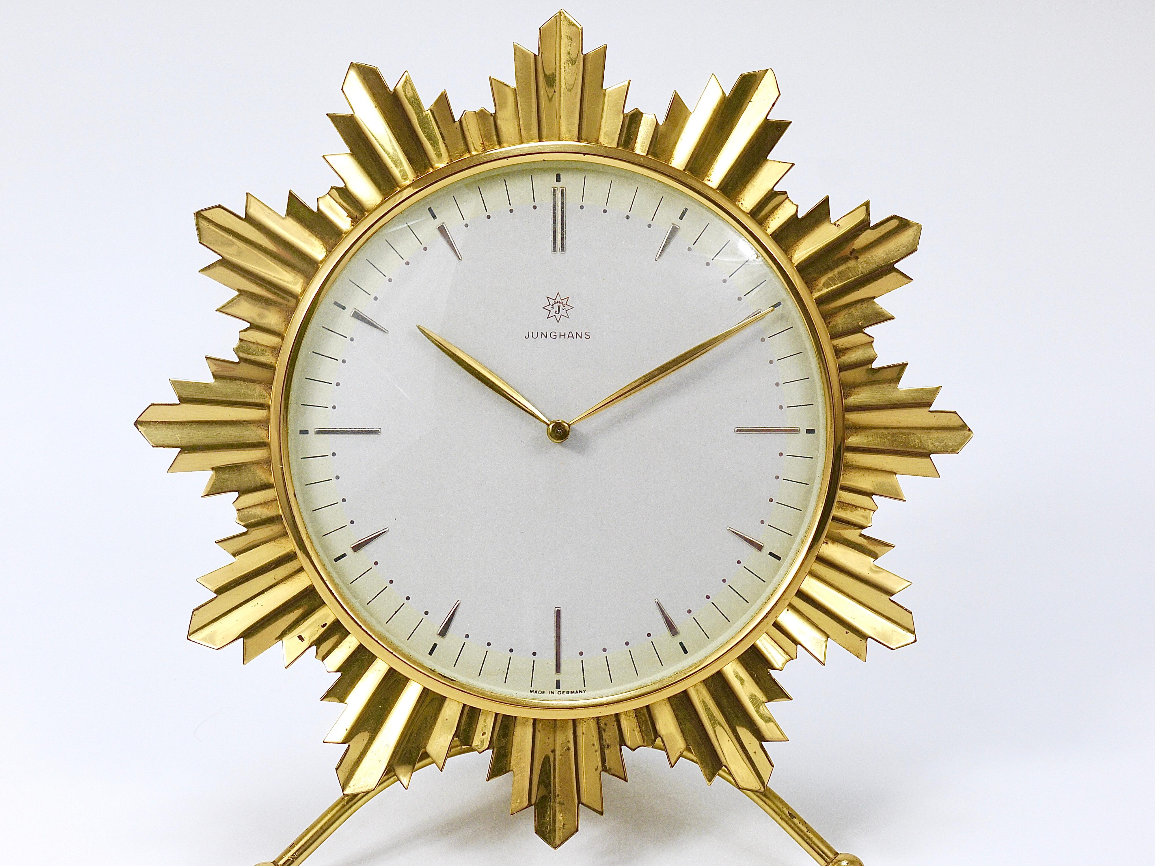 Junghans Mid-Century Golden Sunburst Brass Table Desk Clock, Germany, 1950s For Sale 8