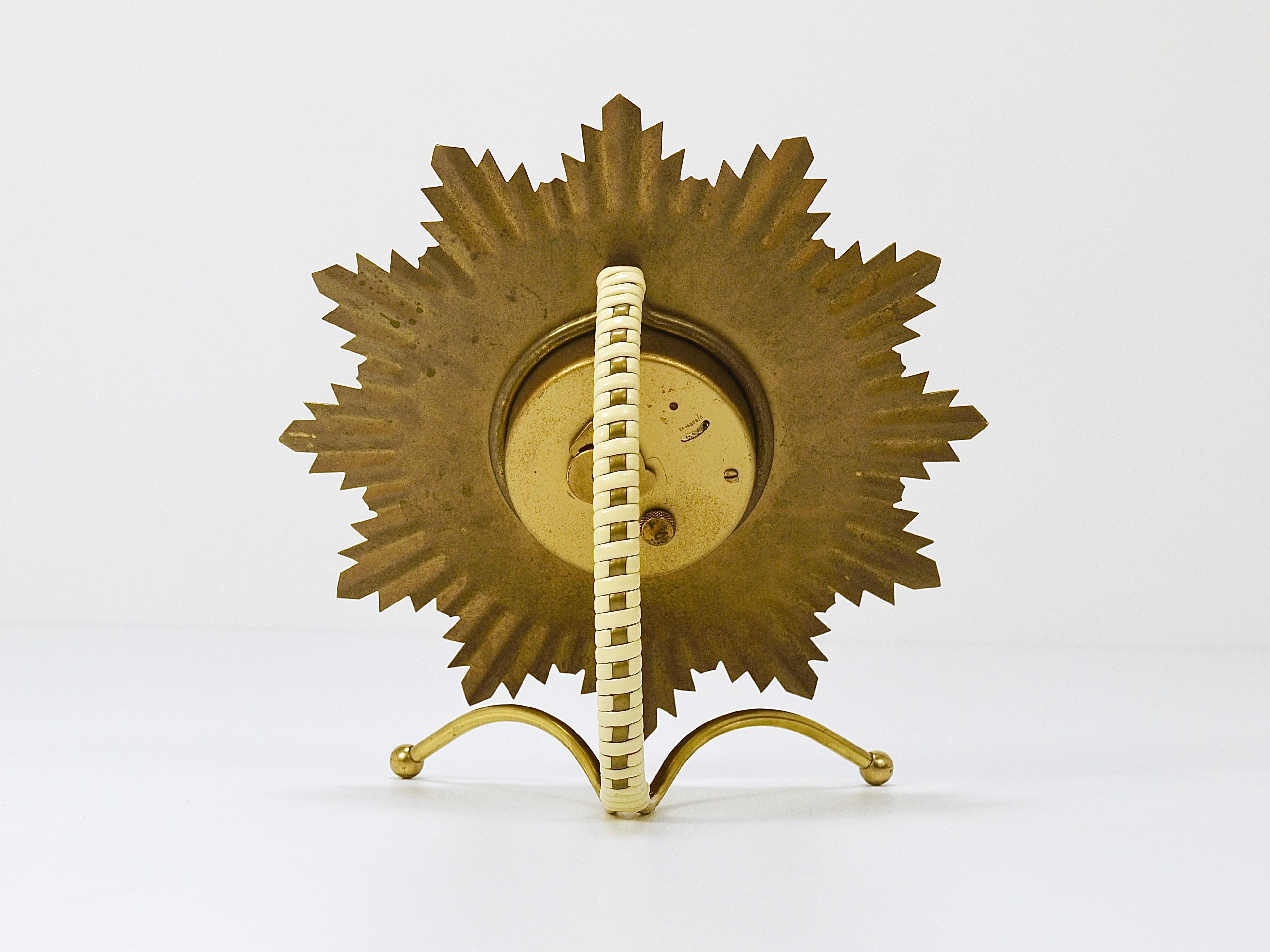 Junghans Mid-Century Golden Sunburst Brass Table Desk Clock, Germany, 1950s For Sale 10