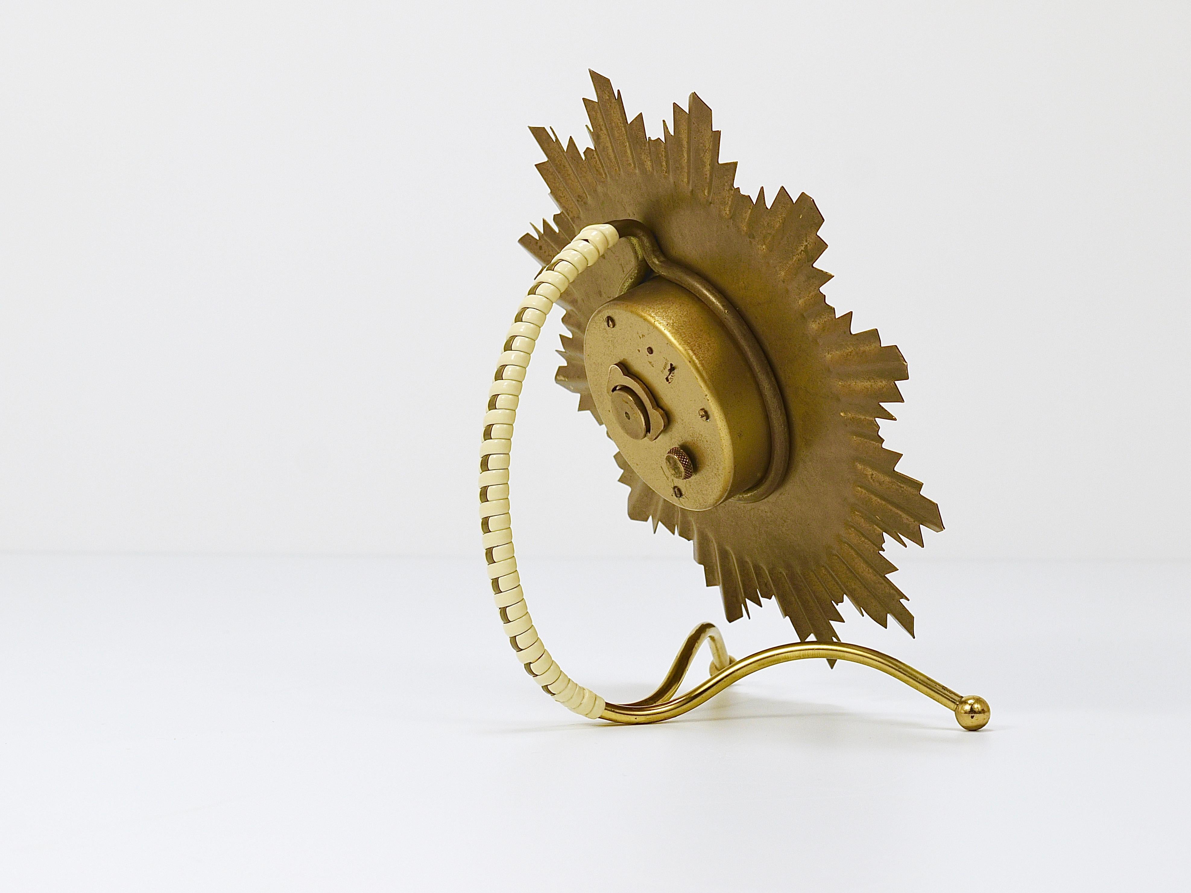 Junghans Mid-Century Golden Sunburst Brass Table Desk Clock, Germany, 1950s For Sale 11