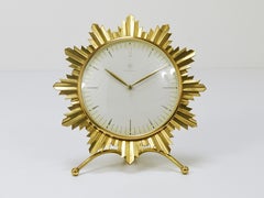 Junghans Mid-Century Golden Sunburst Brass Table Desk Clock, Germany, 1950s