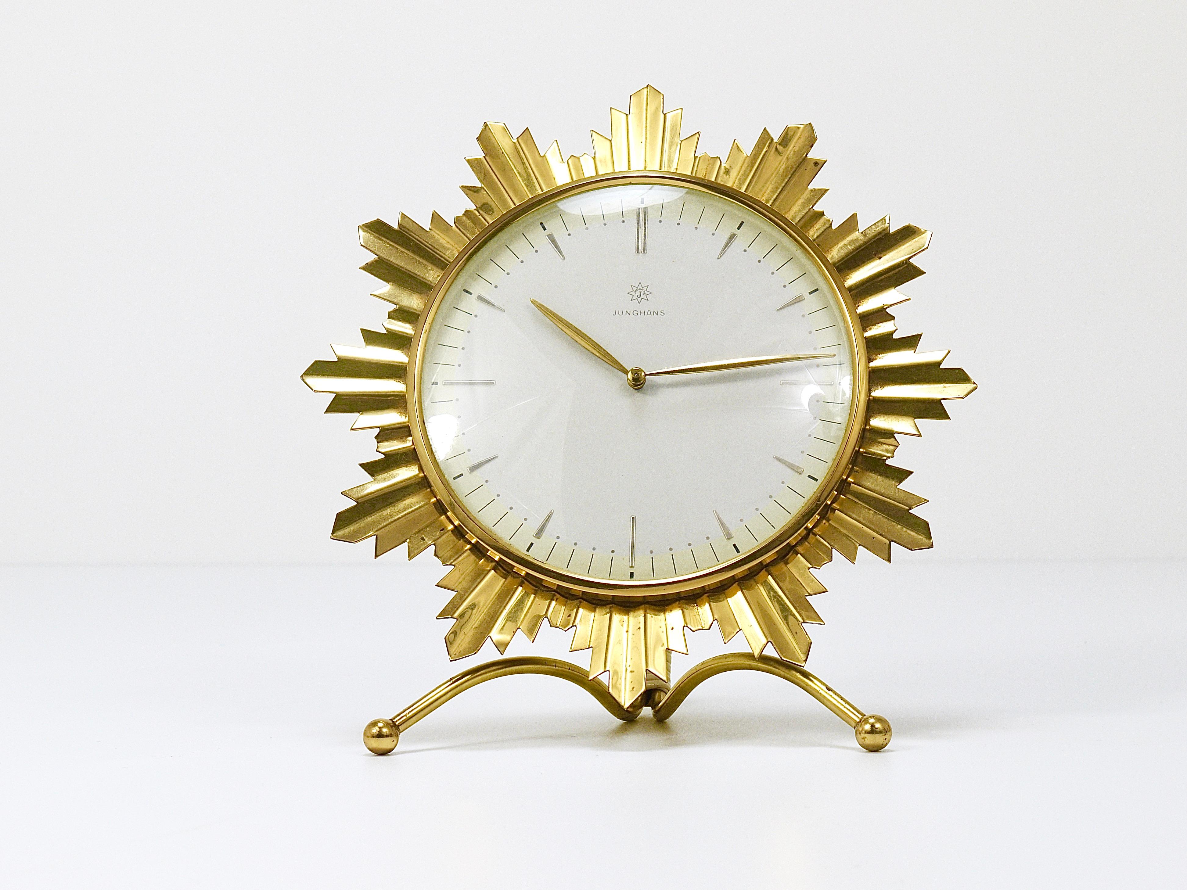 Hollywood Regency Junghans Mid-Century Golden Sunburst Brass Table Desk Clock, Germany, 1950s For Sale