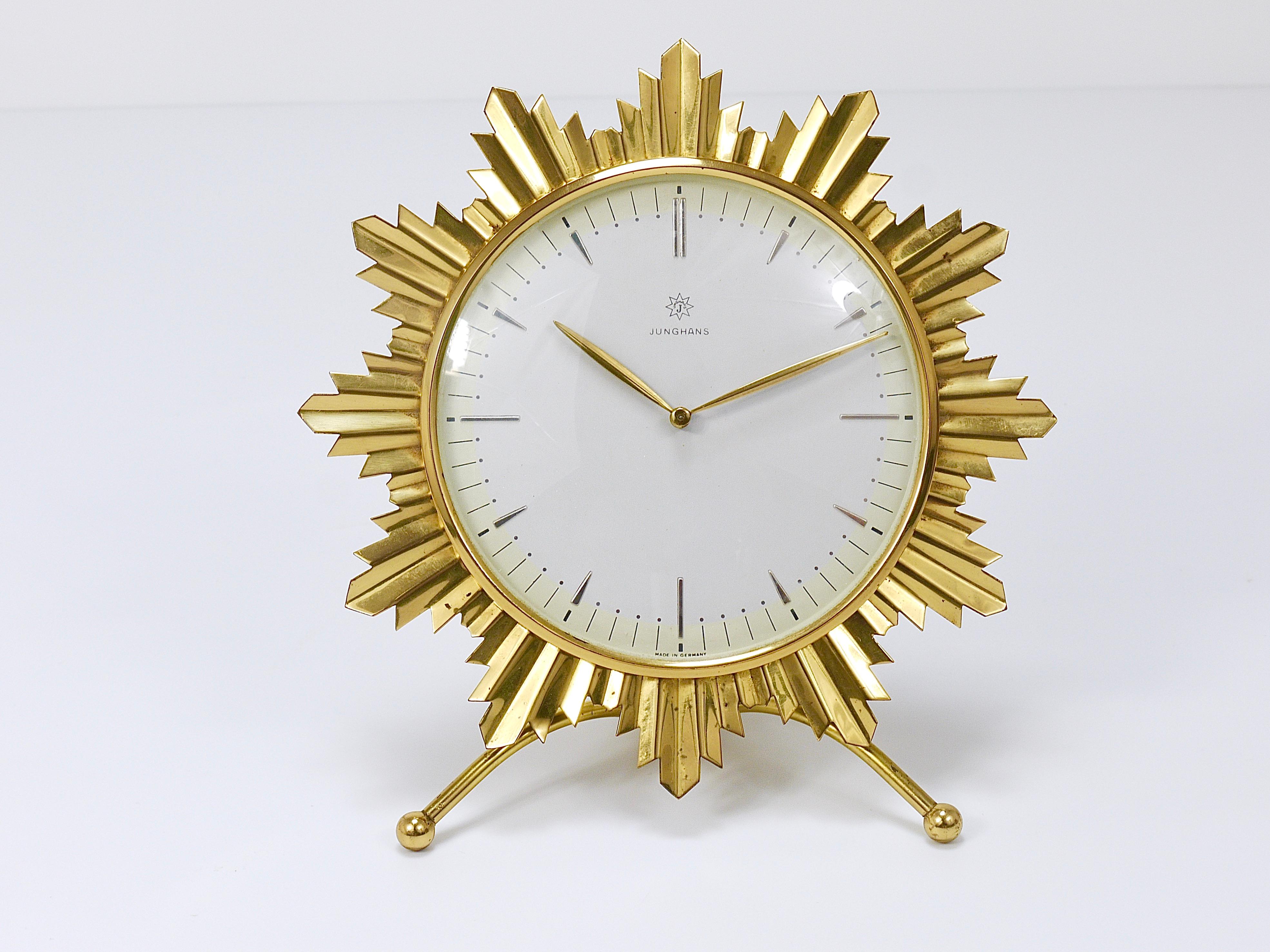 20th Century Junghans Mid-Century Golden Sunburst Brass Table Desk Clock, Germany, 1950s For Sale