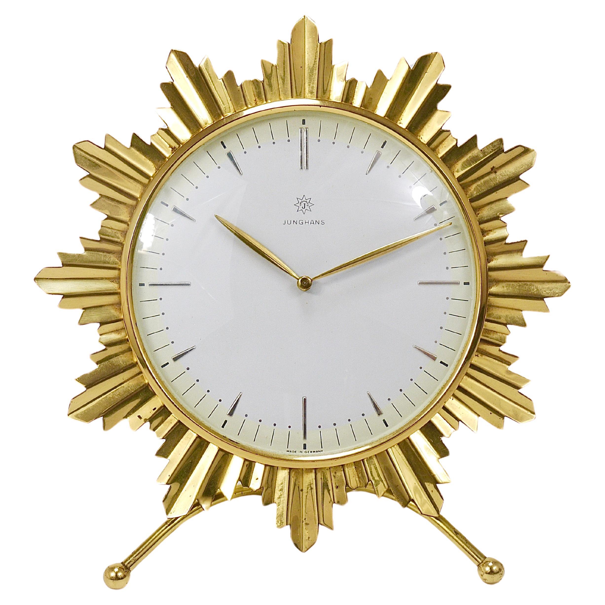 Junghans Mid-Century Golden Sunburst Brass Table Desk Clock, Germany, 1950s For Sale