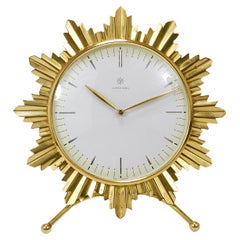 Antique Junghans Mid-Century Golden Sunburst Brass Table Desk Clock, Germany, 1950s