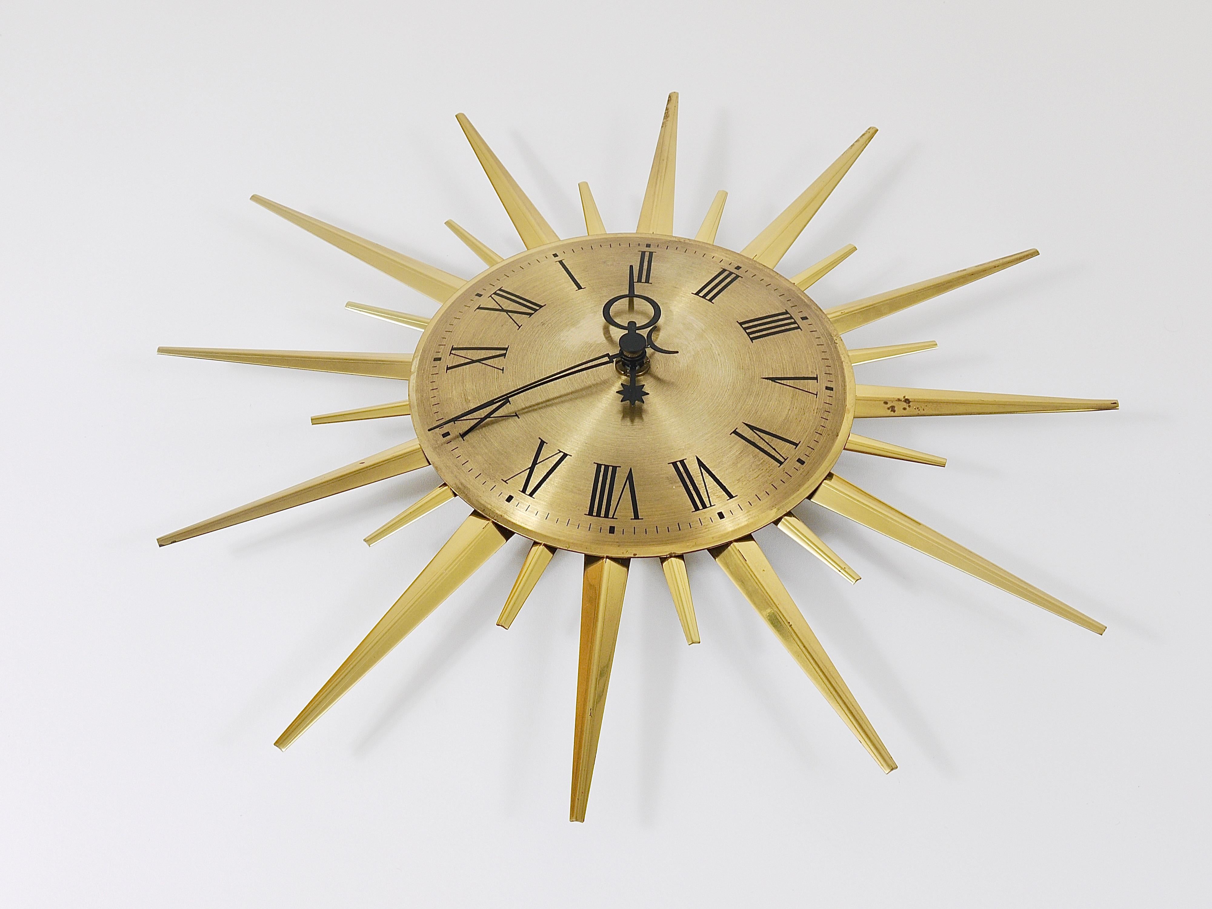 Junghans Mid-Century Modern Golden Sunburst Brass Wall Clock, Germany, 1960s 2
