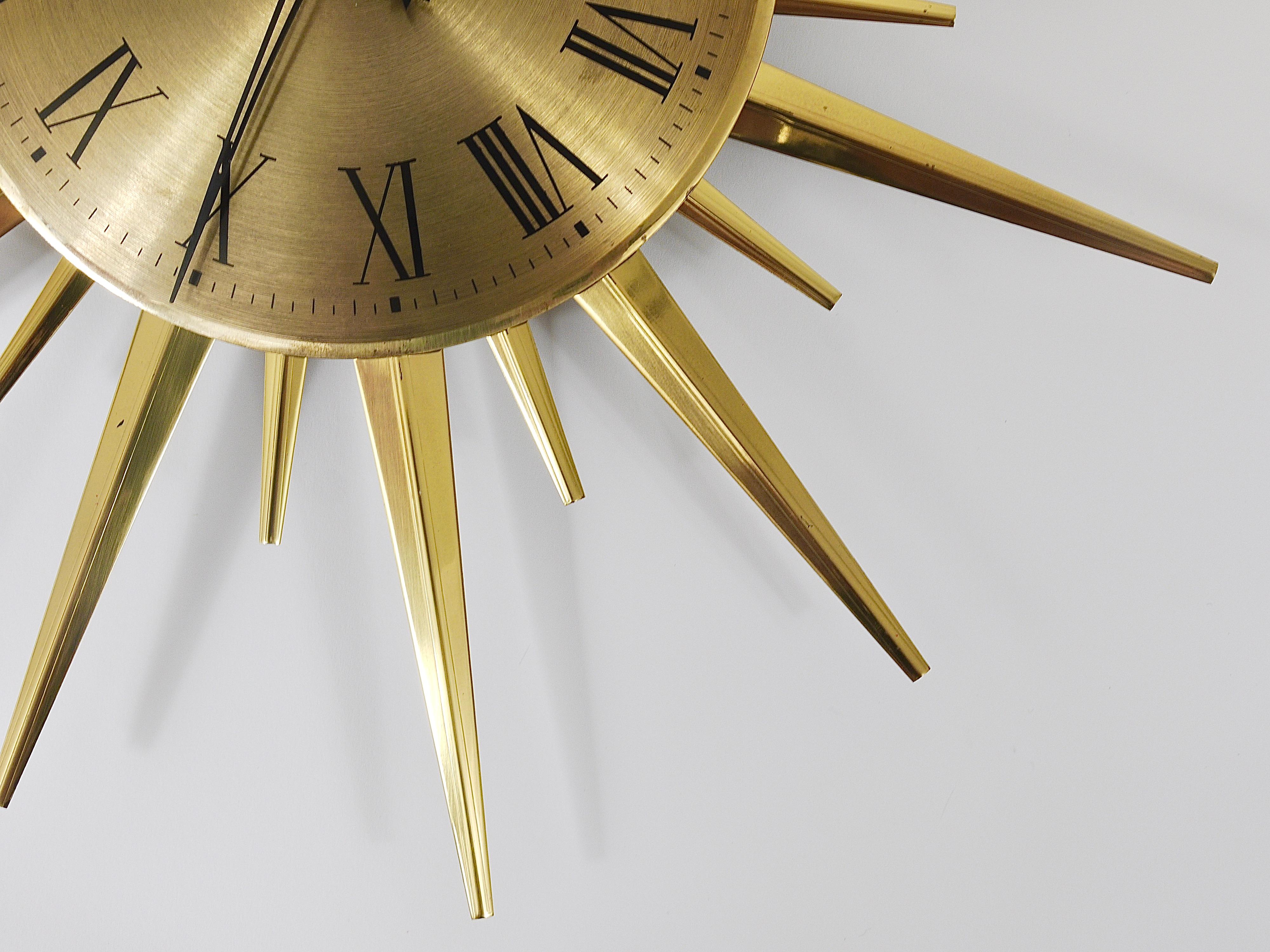 Junghans Mid-Century Modern Golden Sunburst Brass Wall Clock, Germany, 1960s 4