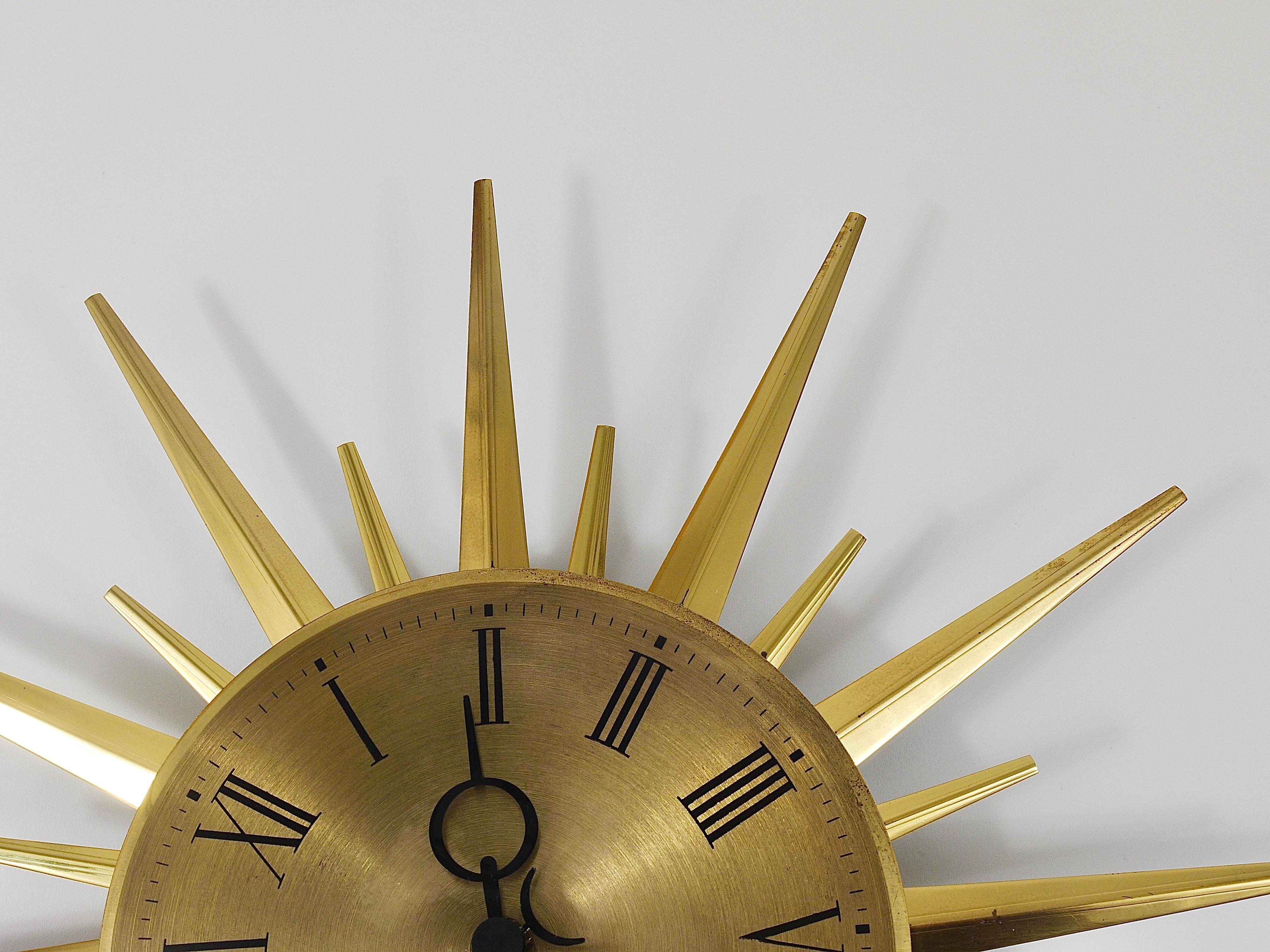 Junghans Mid-Century Modern Golden Sunburst Brass Wall Clock, Germany, 1960s 5