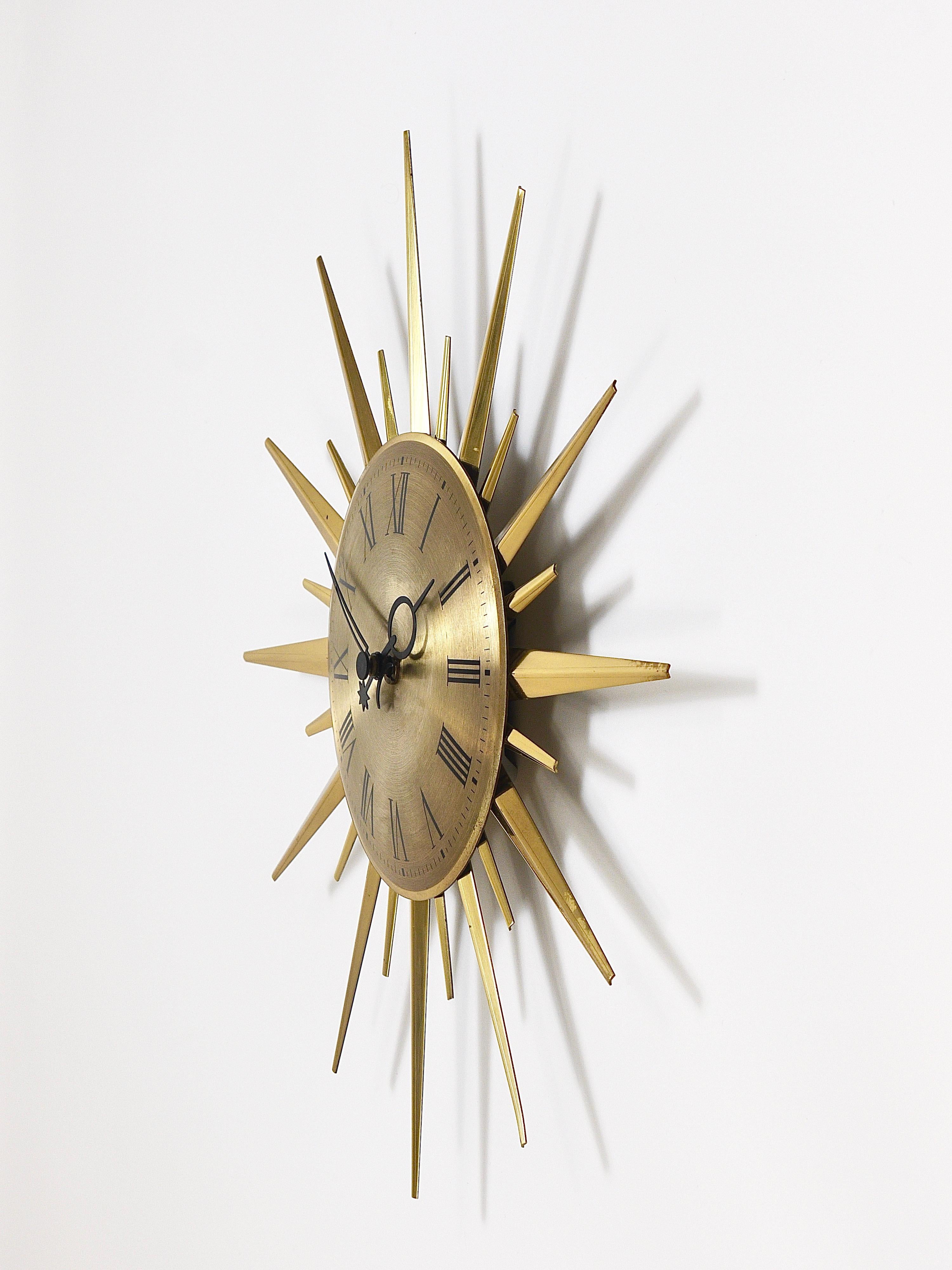 Junghans Mid-Century Modern Golden Sunburst Brass Wall Clock, Germany, 1960s 6