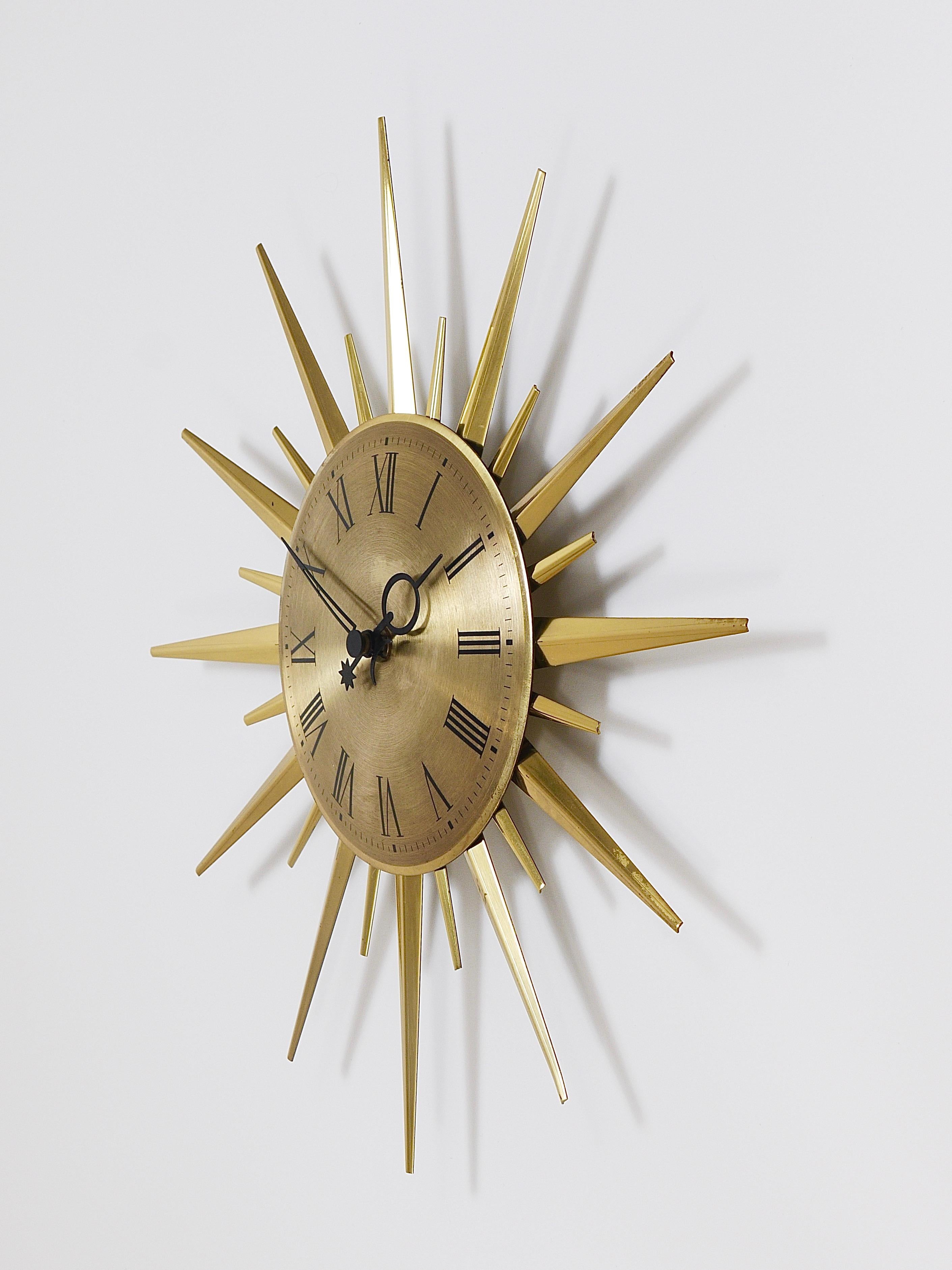Junghans Mid-Century Modern Golden Sunburst Brass Wall Clock, Germany, 1960s 7