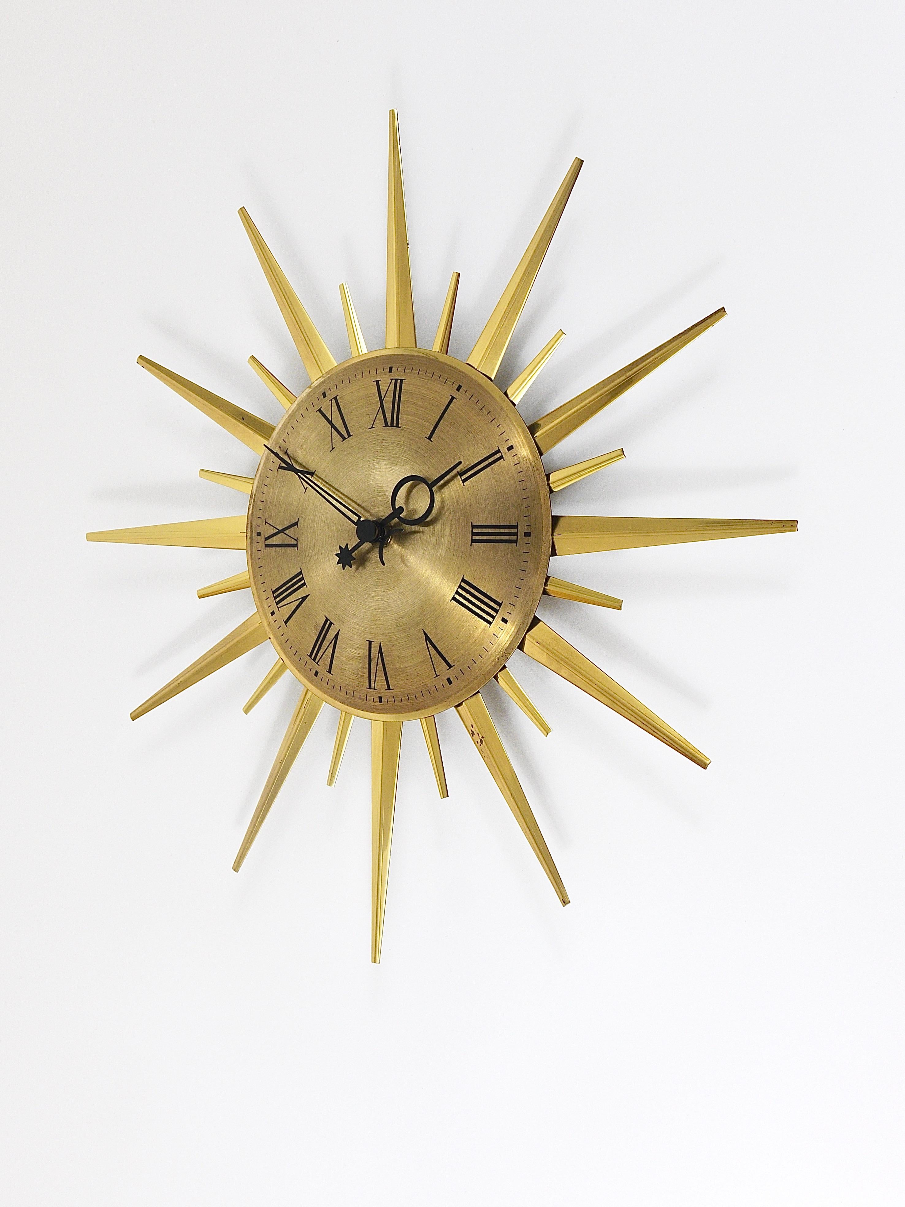 Hollywood Regency Junghans Mid-Century Modern Golden Sunburst Brass Wall Clock, Germany, 1960s