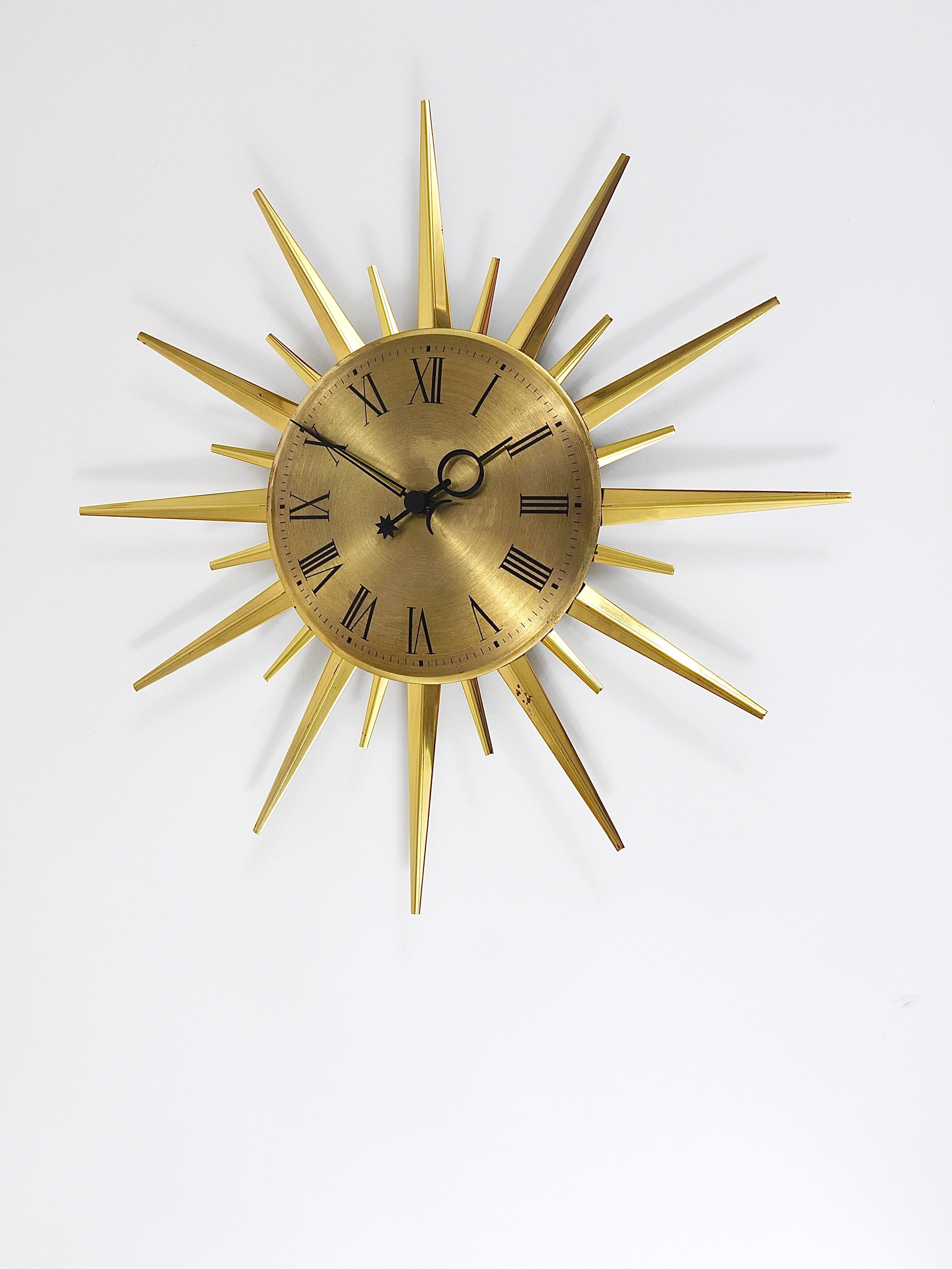 Brushed Junghans Mid-Century Modern Golden Sunburst Brass Wall Clock, Germany, 1960s