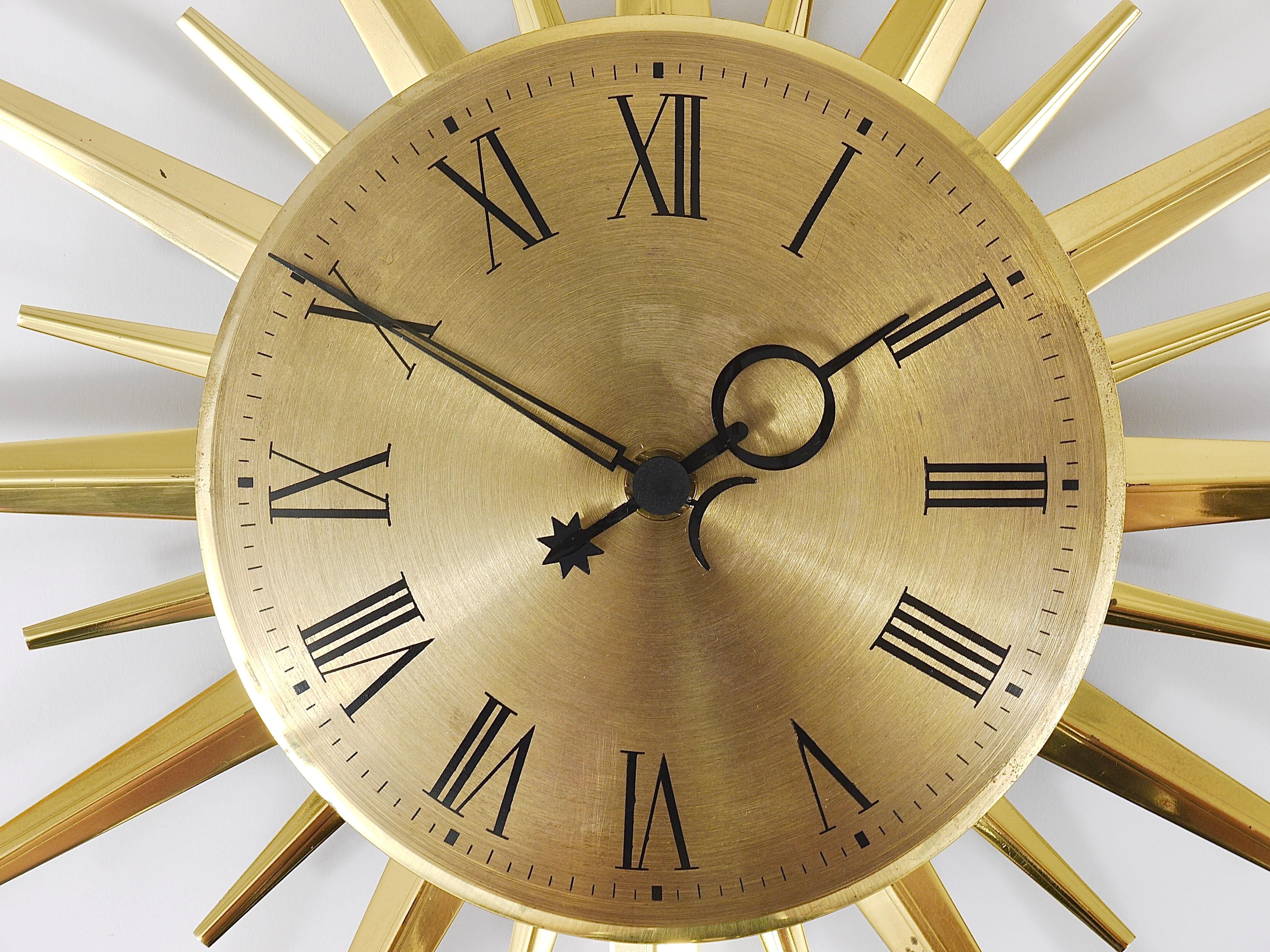 20th Century Junghans Mid-Century Modern Golden Sunburst Brass Wall Clock, Germany, 1960s