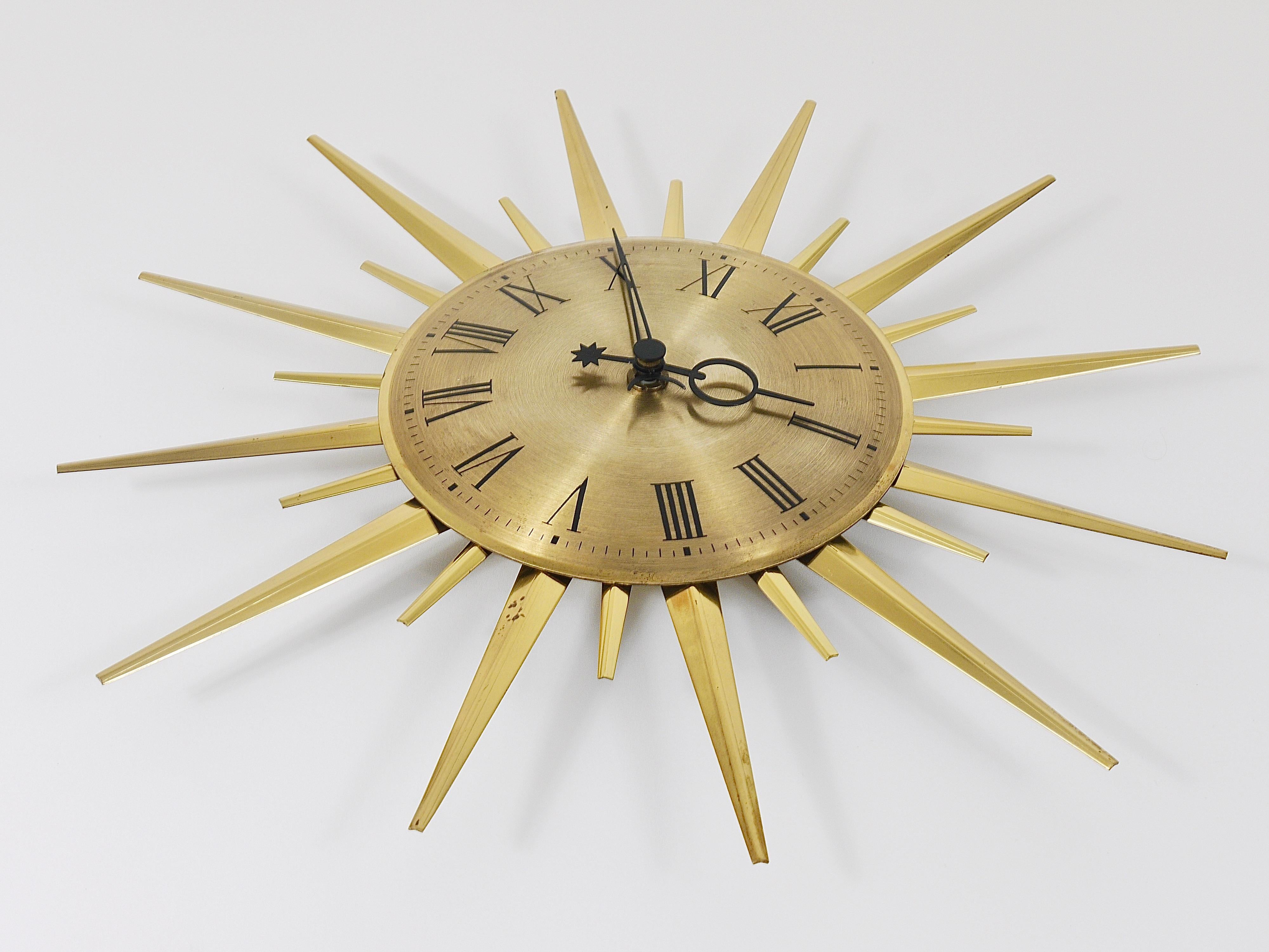 Junghans Mid-Century Modern Golden Sunburst Brass Wall Clock, Germany, 1960s 1