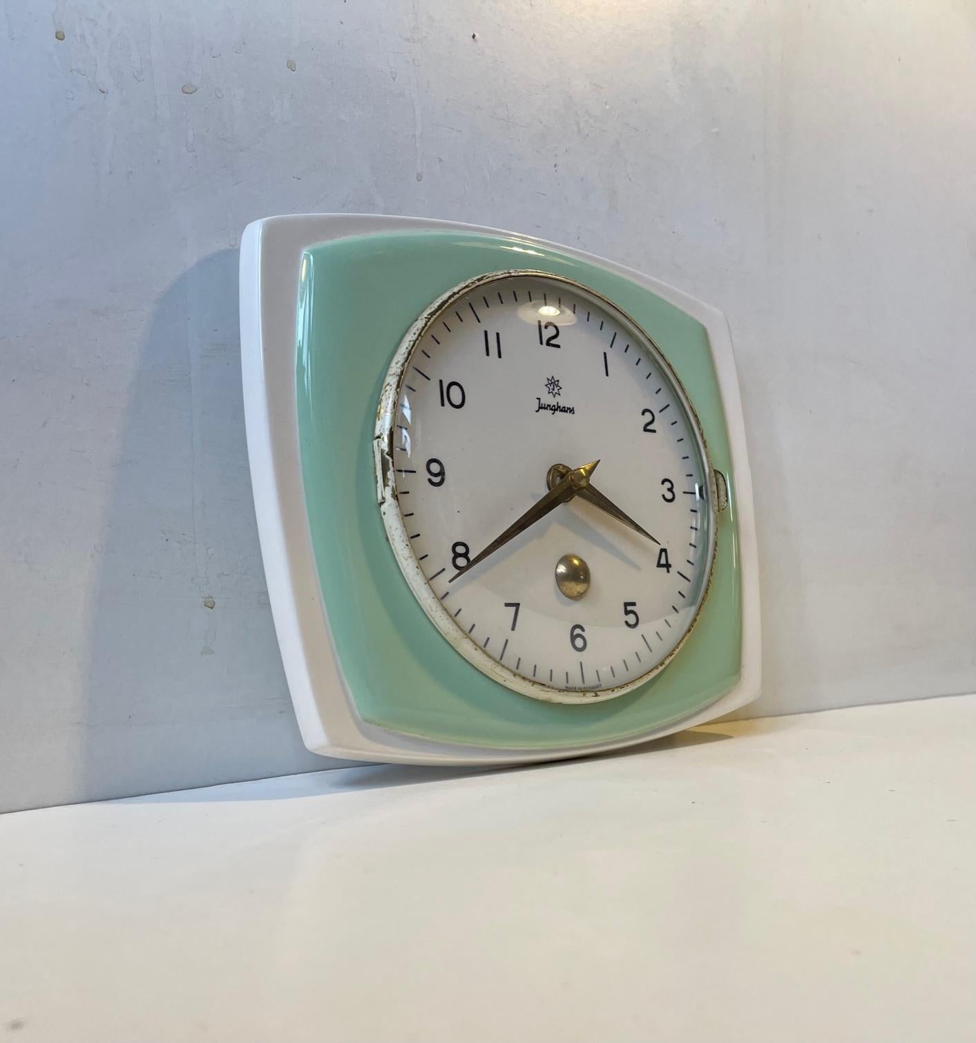 Mid-Century Modern Junghans Pastel Green Wall Clock in Porcelain, Germany, 1950s For Sale
