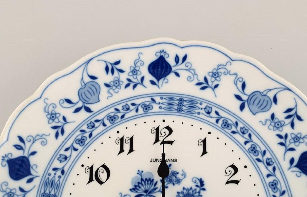 Junghans porcelain wall clock. Meissen Blue Onion style. Germany, 1970s. In Excellent Condition In Copenhagen, DK