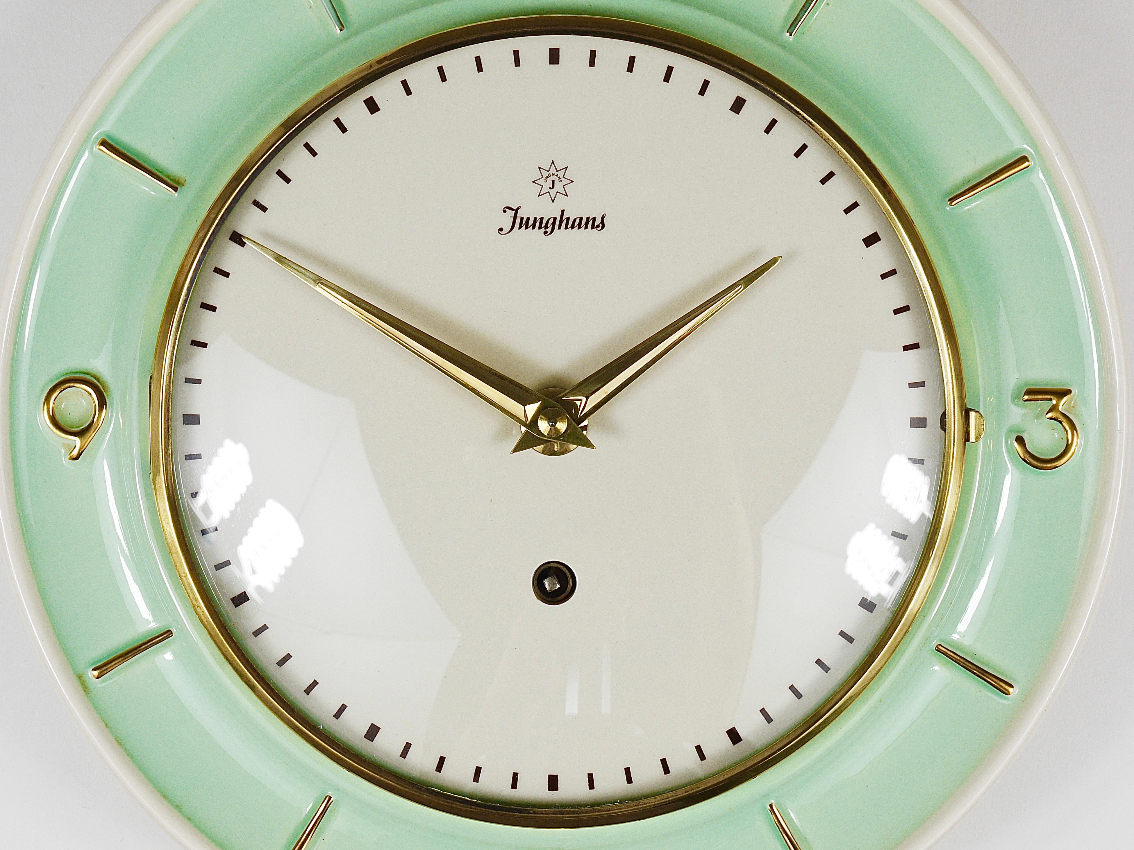 Junghans Round Turquoise & Golden Midcentury Brass Wall Clock, Germany, 1950s For Sale 4