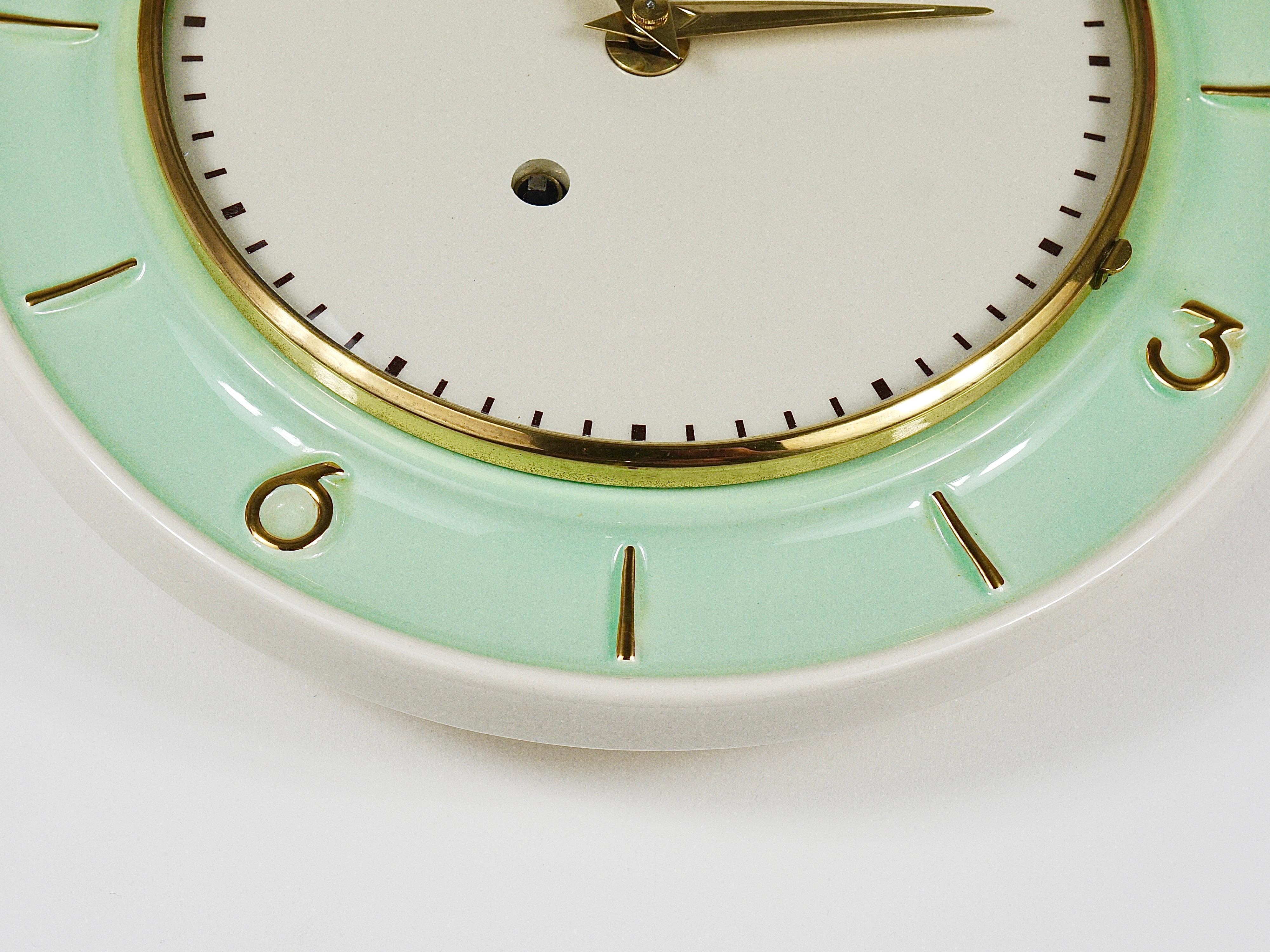 Junghans Round Turquoise & Golden Midcentury Brass Wall Clock, Germany, 1950s For Sale 5