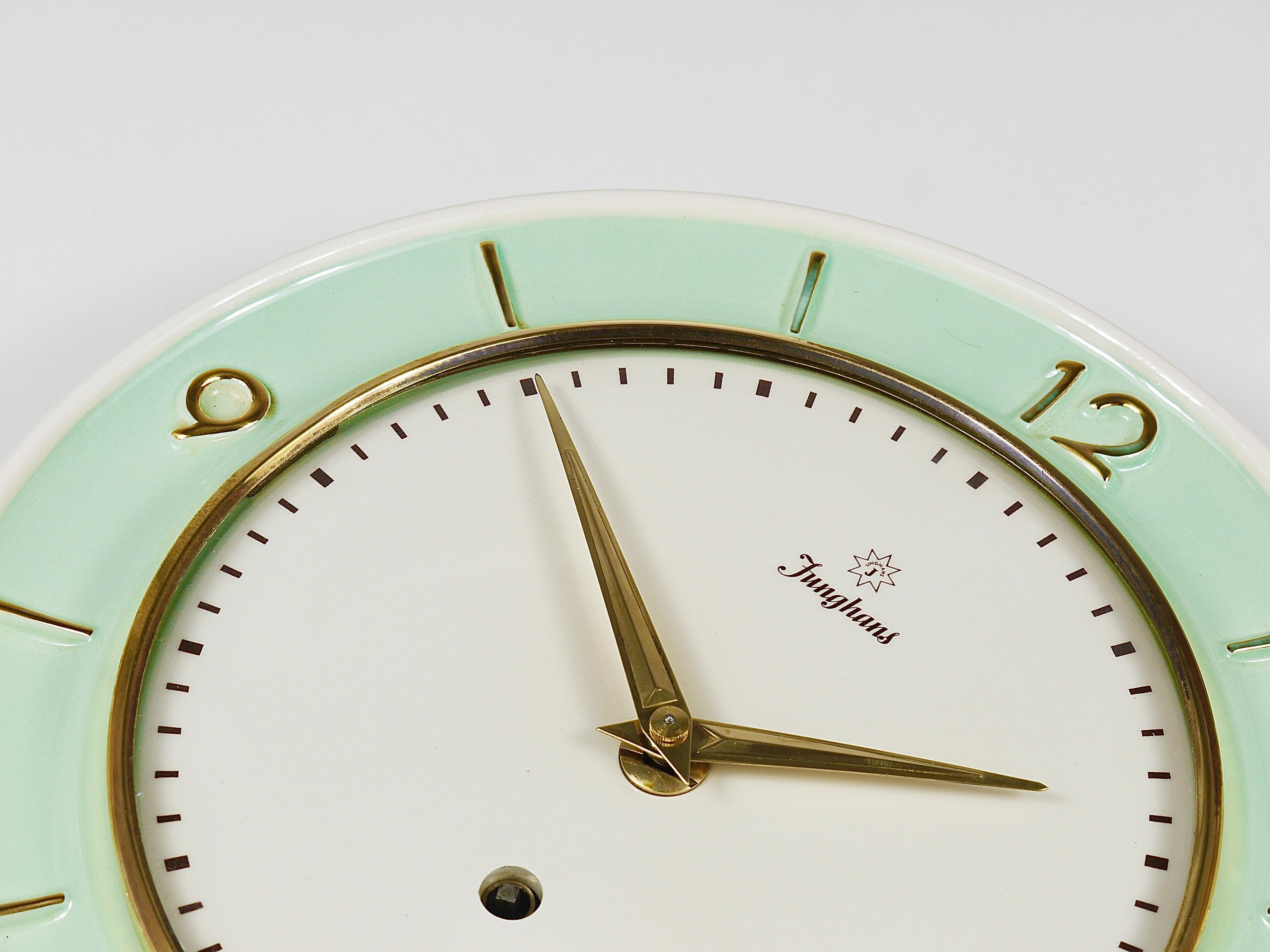 Junghans Round Turquoise & Golden Midcentury Brass Wall Clock, Germany, 1950s For Sale 6